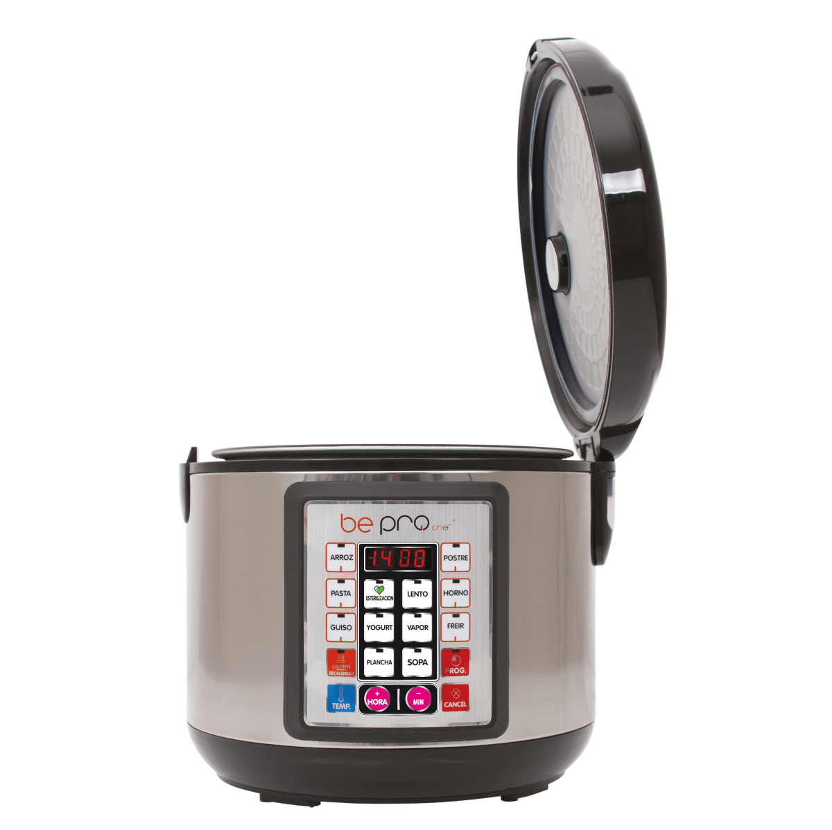 Una olla arrocera con base de acero inoxidable y tapa negra. La tapa está abierta. Tiene una pantalla digital.