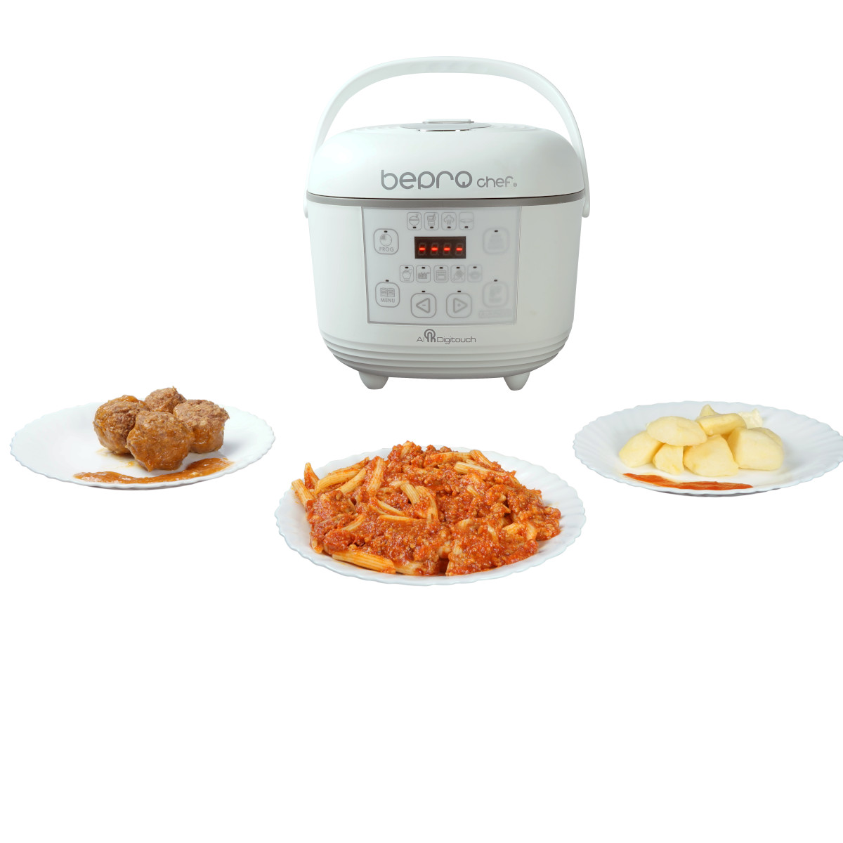 Una arrocera blanca con platos de comida: albóndigas, pasta con salsa y rodajas de manzana. Tiene un asa arriba.