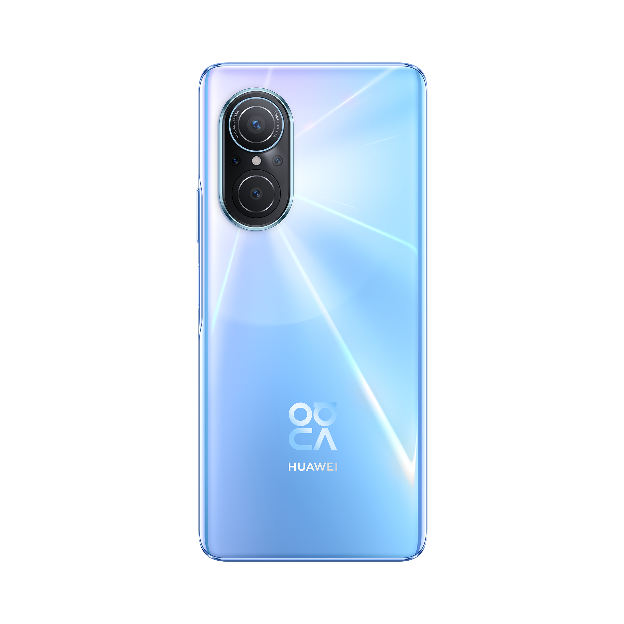 La parte trasera de un teléfono inteligente azul, con lentes de cámara duales y el logotipo de Huawei, con rayos de luz.
