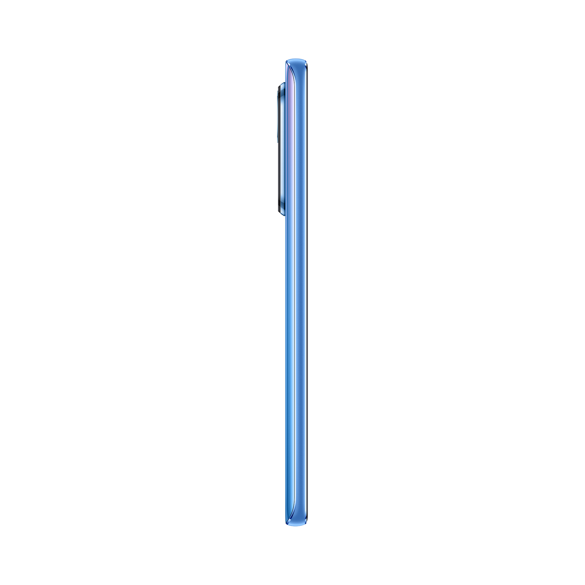 Vista lateral de un teléfono inteligente azul sobre un fondo blanco. El teléfono es delgado y tiene un bulto de cámara.