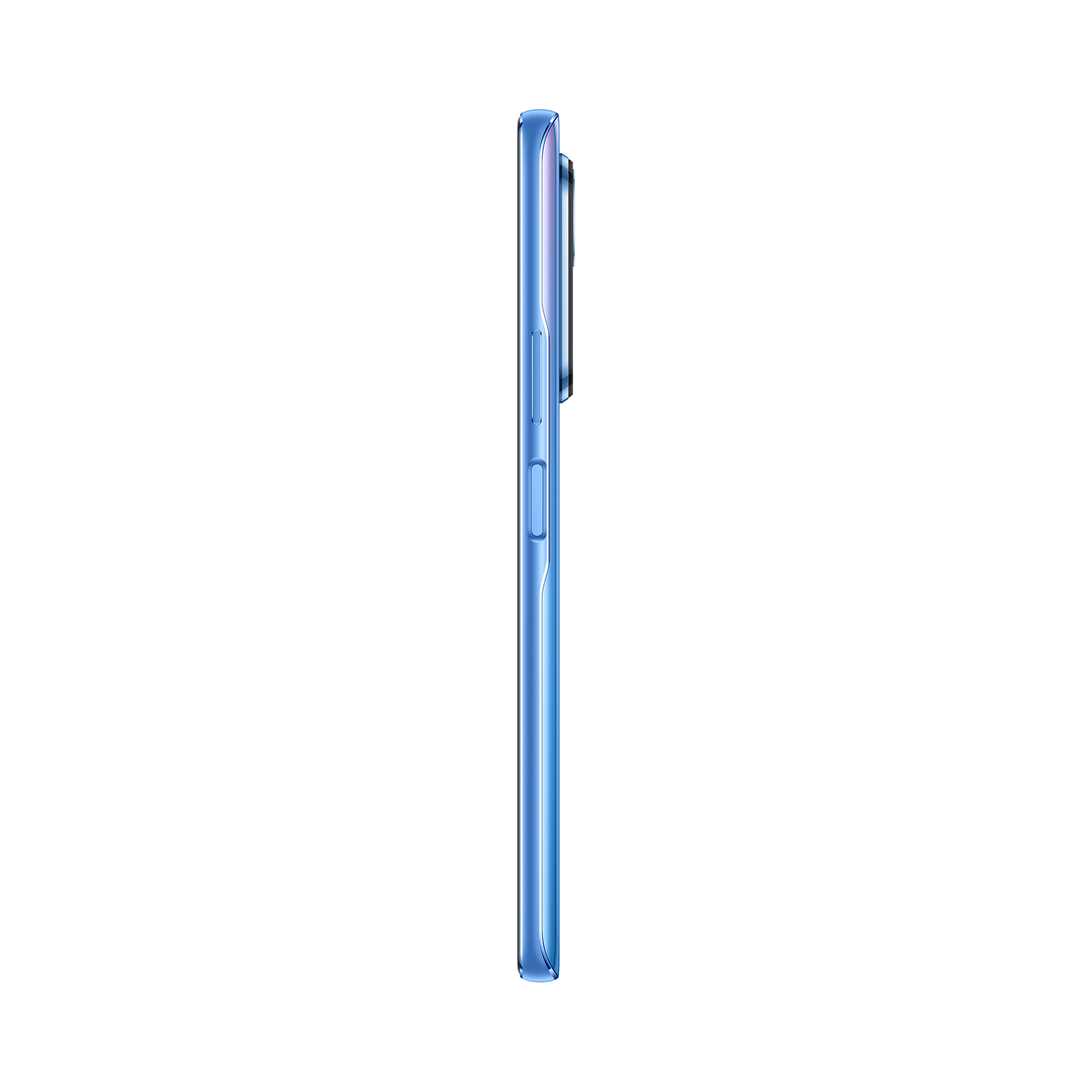 Vista lateral de un teléfono inteligente azul. El teléfono es delgado con botones en el lateral. Fondo blanco.