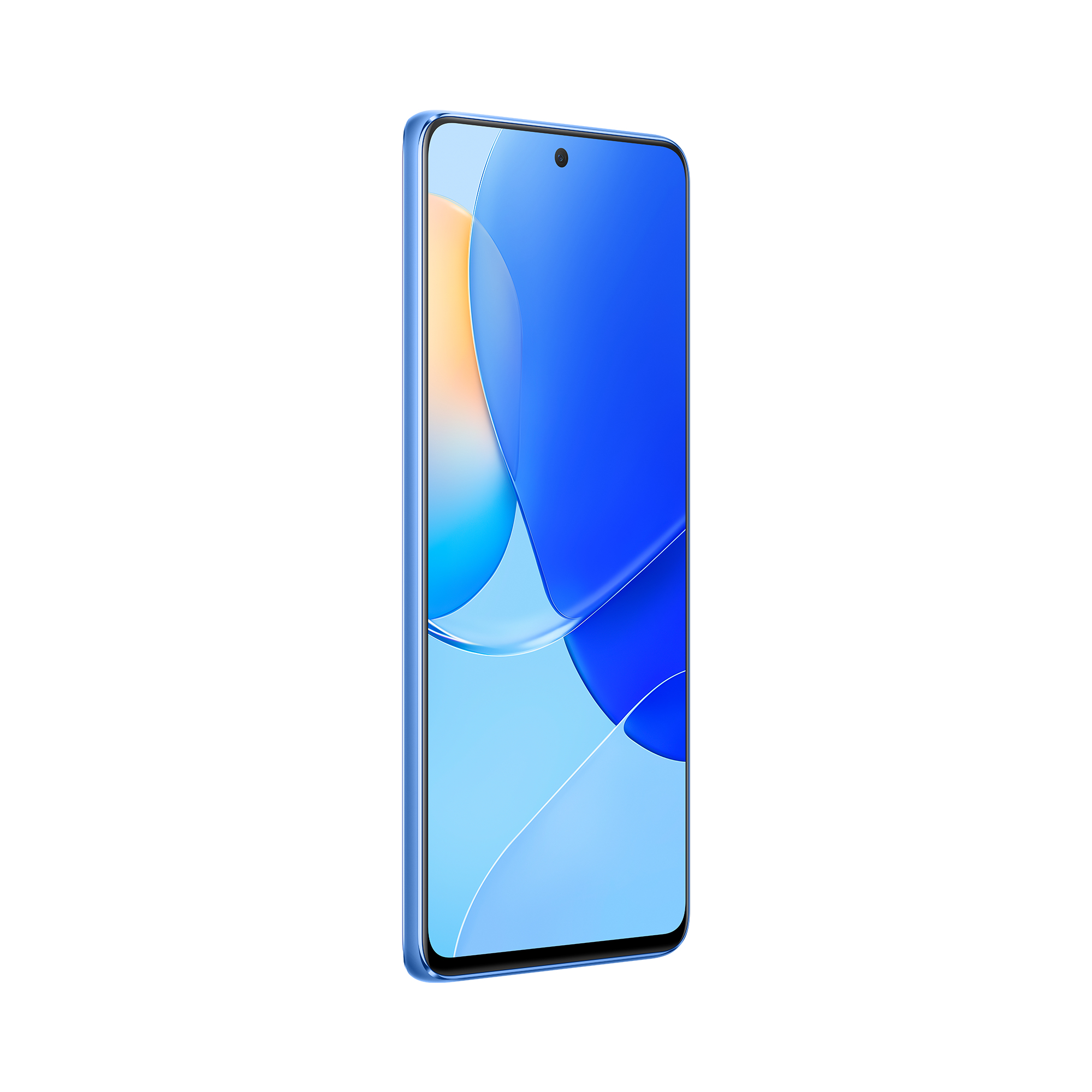 Smartphone azul desde un ángulo sobre un fondo blanco. La pantalla muestra un diseño azul y naranja.