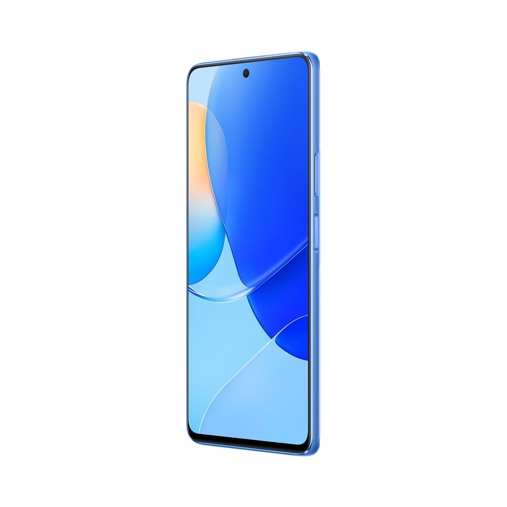 Un teléfono inteligente azul sobre un fondo blanco. La pantalla muestra un diseño abstracto azul y naranja, en ángulo.