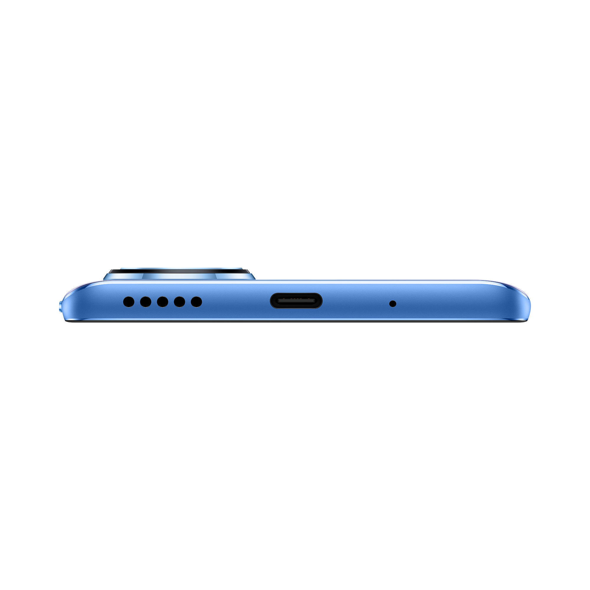 Vista inferior de un teléfono inteligente azul. Un puerto USB-C, orificios para altavoces y un orificio para micrófono son visibles.