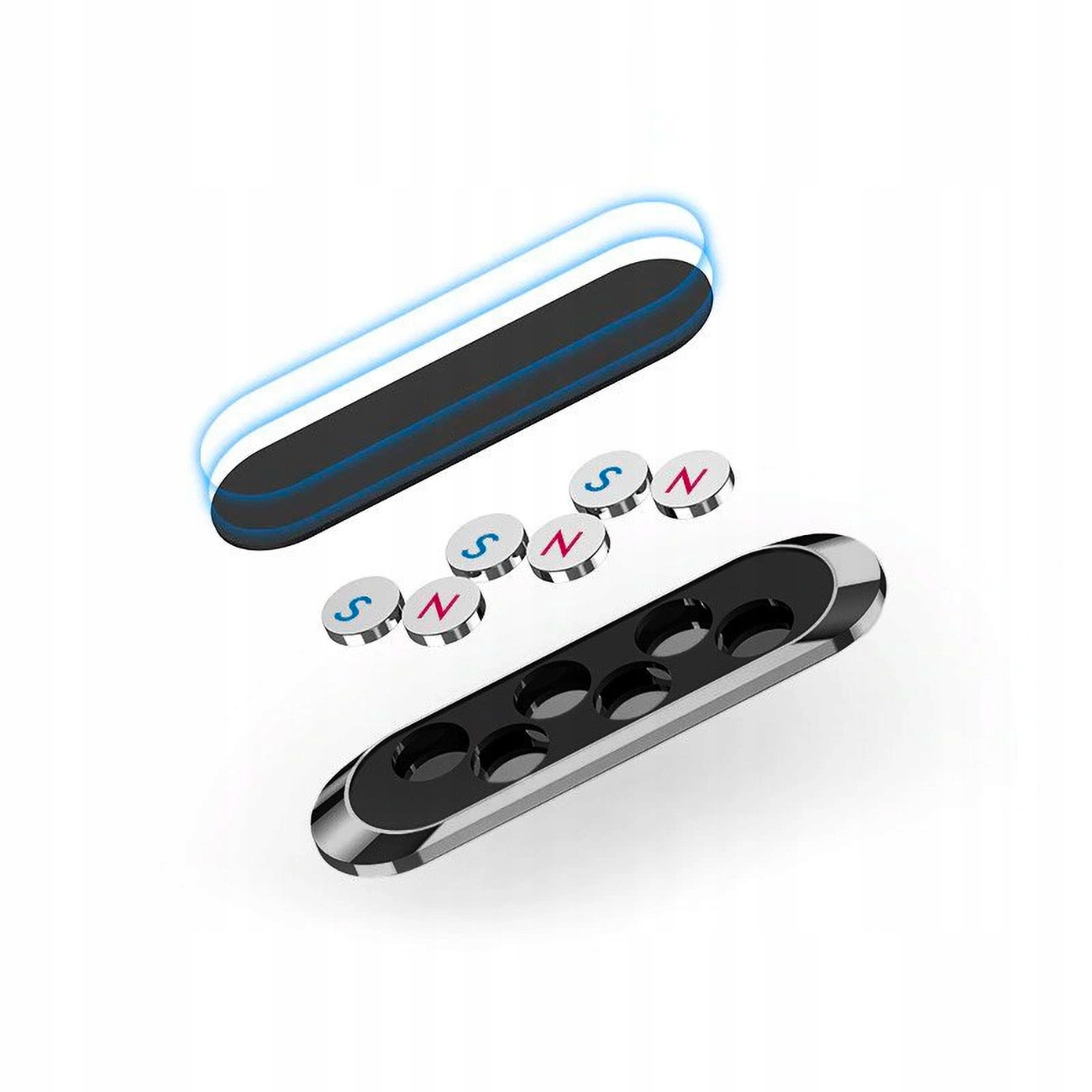Elementy uchwytu do telefonu samochodowego z magnesami. Magnesy są oznaczone literami N i S.