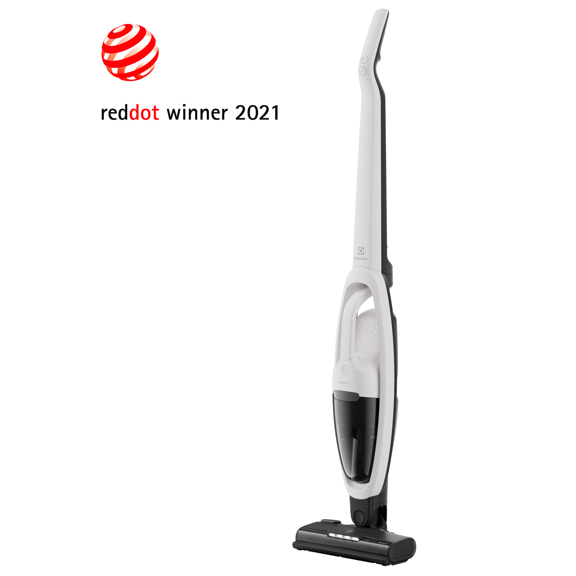 Aspirapolvere bianco e nero, contrassegnato come Red Dot Winner 2021.