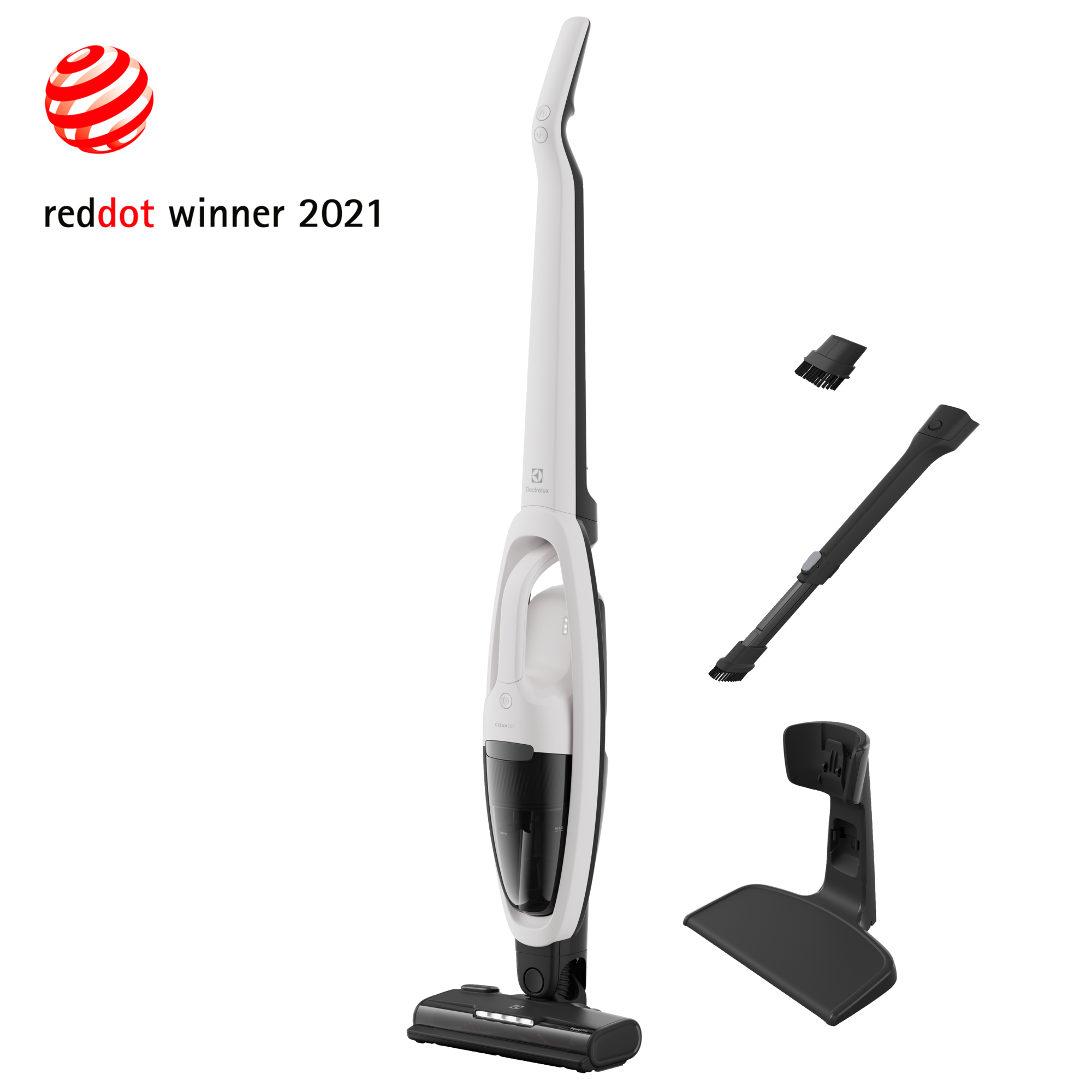 Aspirapolvere bianco e nero con accessori, contrassegnato come Red Dot Winner 2021.