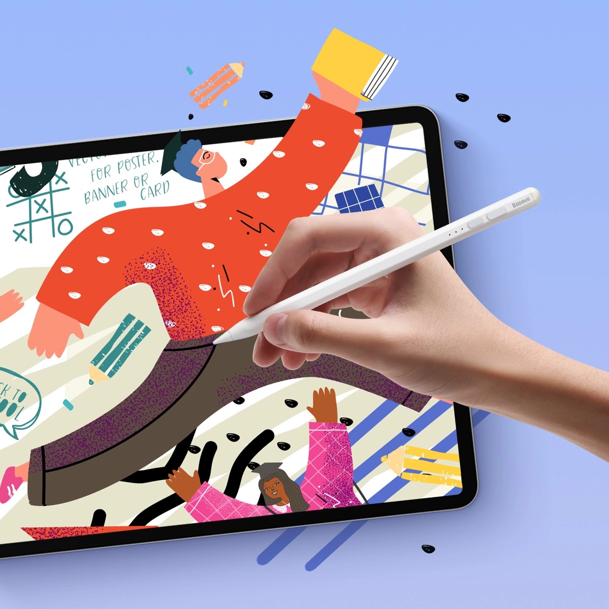 Eine Hand zeichnet mit einem Stift auf einem Tablet-Bildschirm.