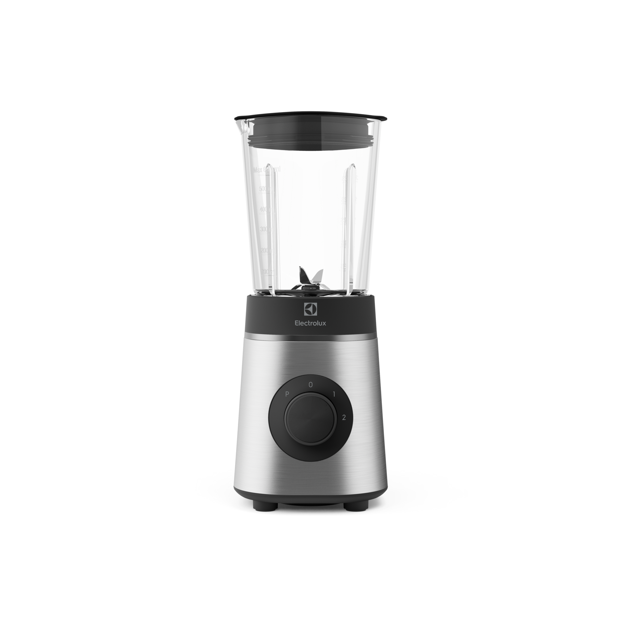 Cam bardaklı ve siyah kadranlı blender. Siyah arka plan.