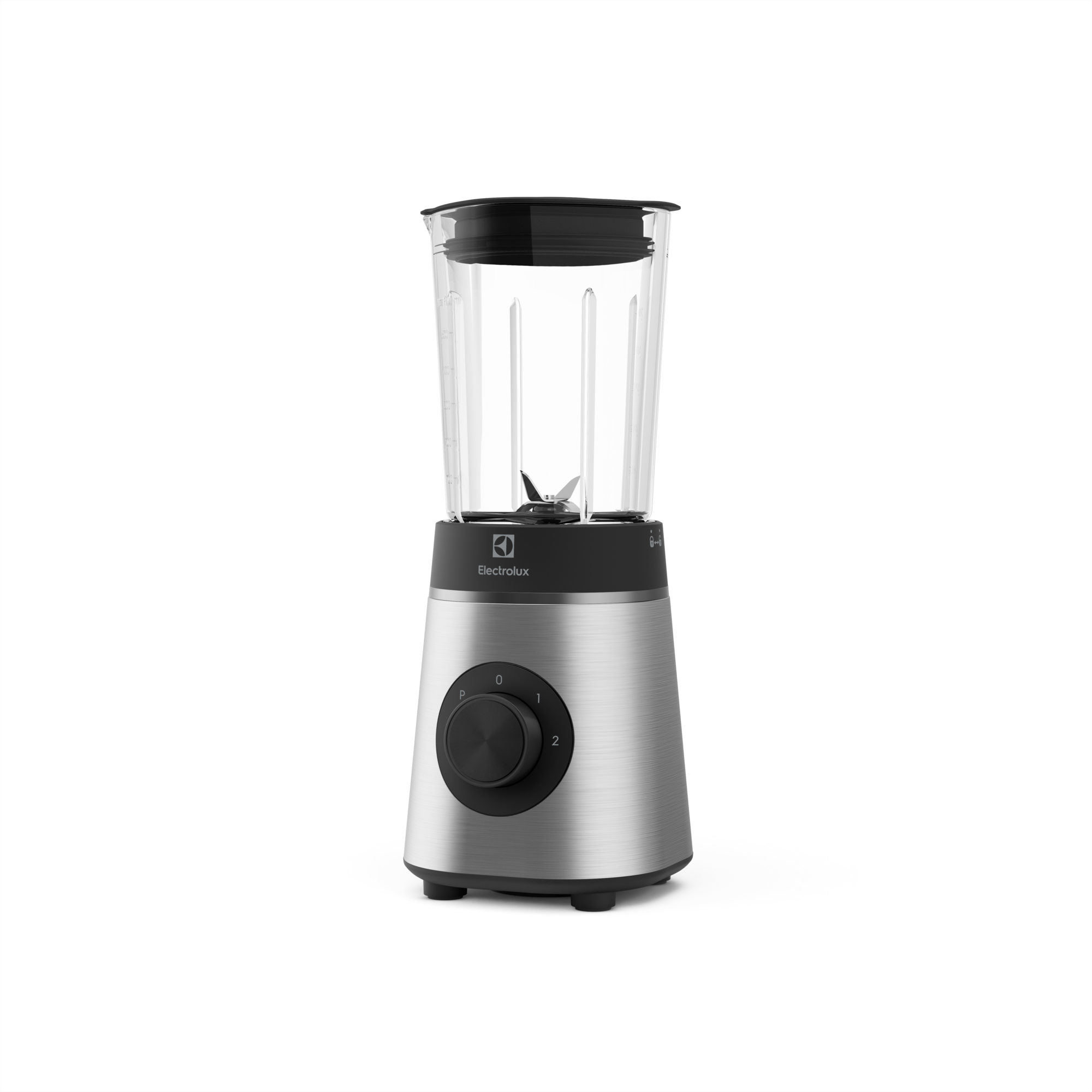 Cam bardak ve siyah kadranlı blender. Siyah arka plan.