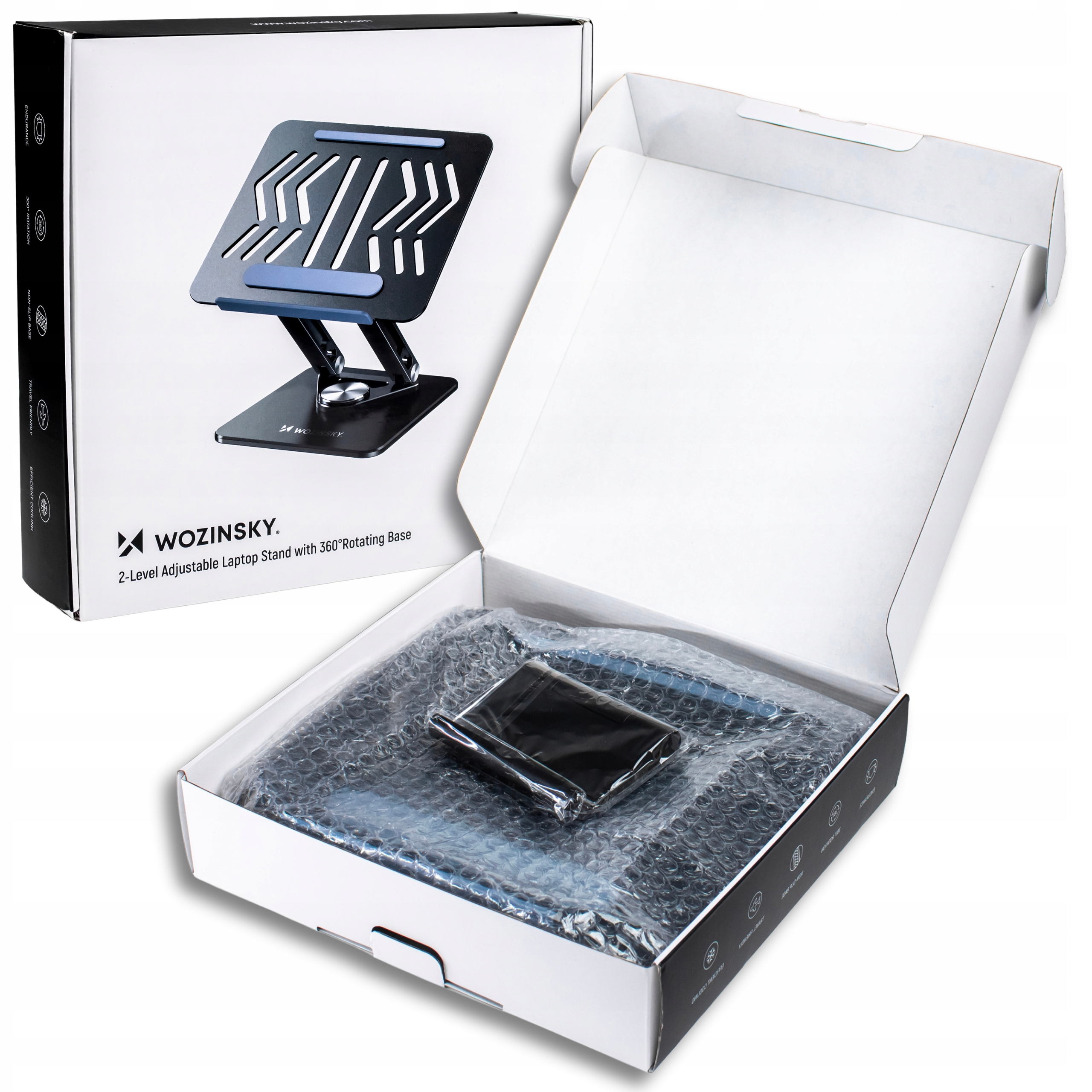 Stojak na laptopa w pudełku. Stojak jest czarny i srebrny. Na pudełku znajduje się marka WOZINSKY.