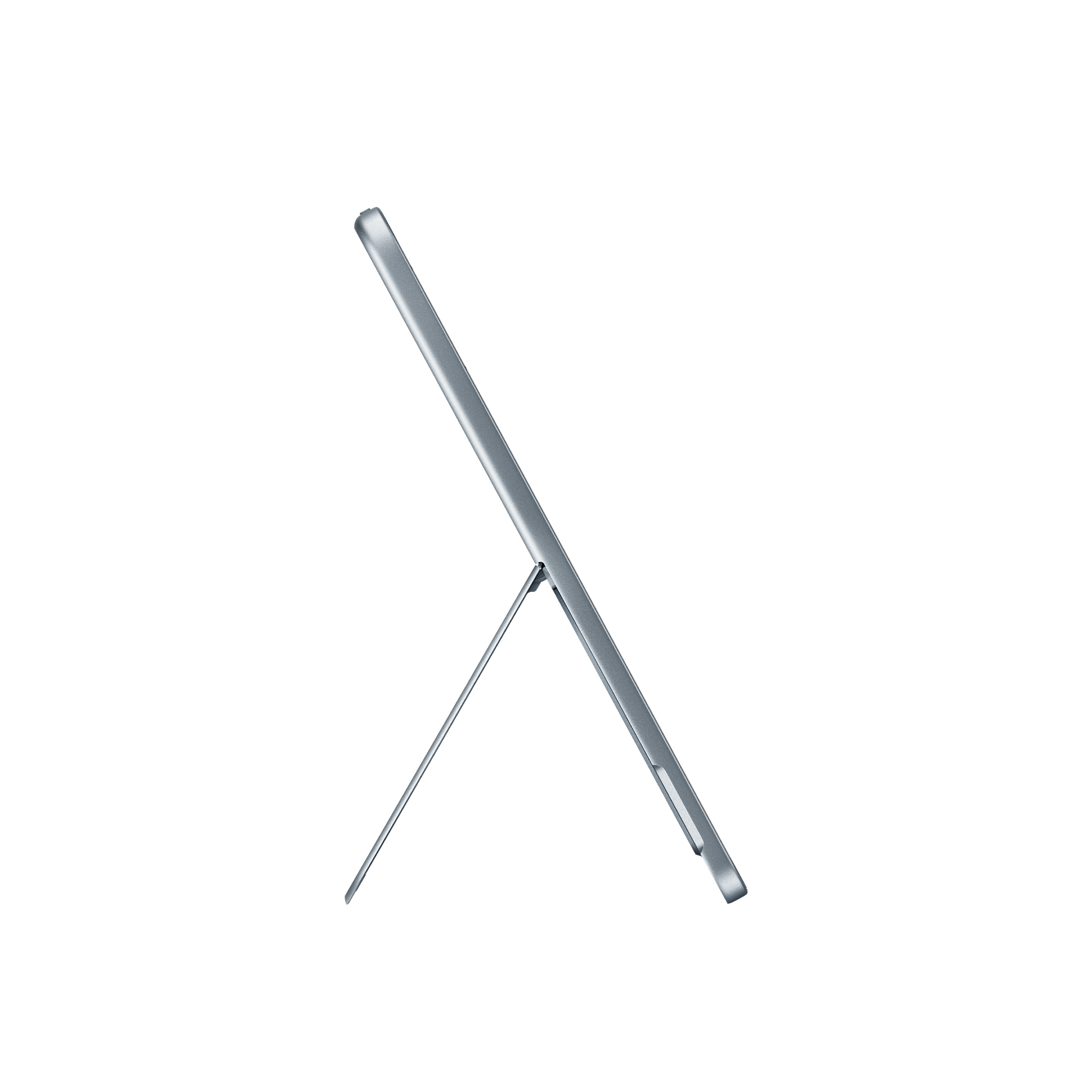 Tablet jest podparty pod kątem, widok z boku. Jest szary i na białym tle.