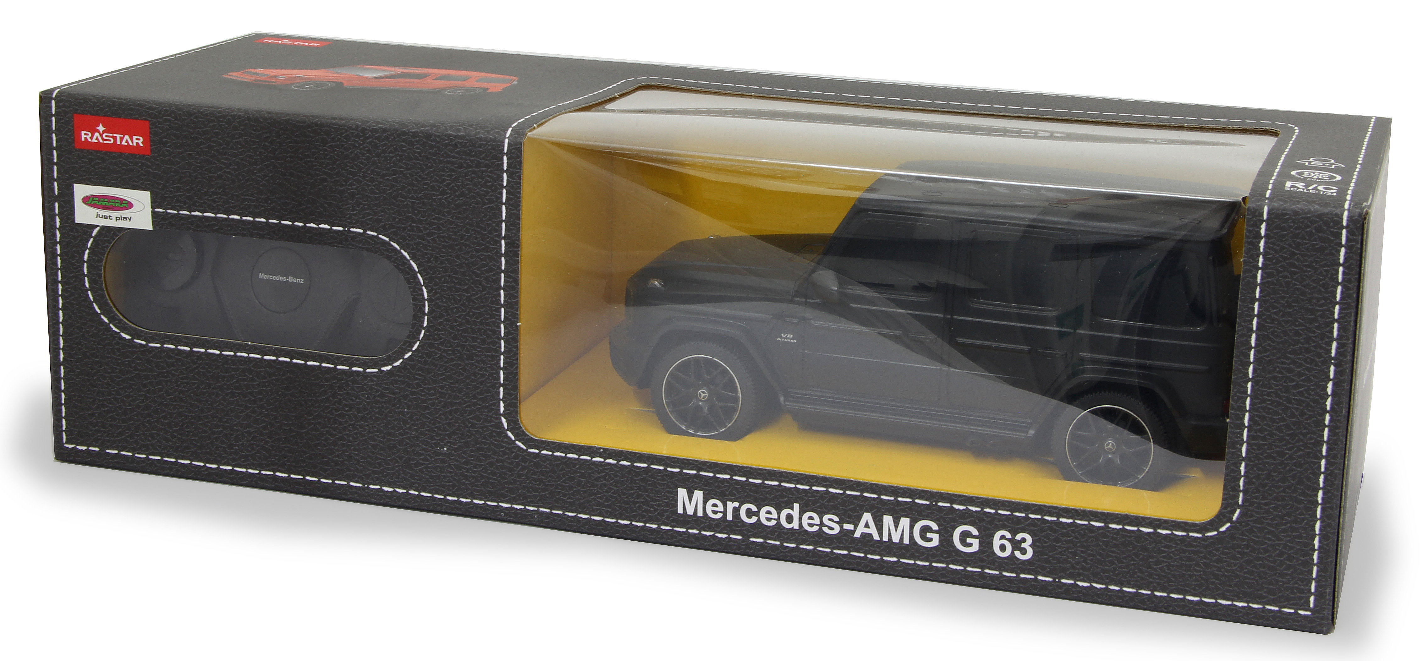 Coche de juguete negro Mercedes-AMG G 63 en una caja. La caja es negra con ventana.