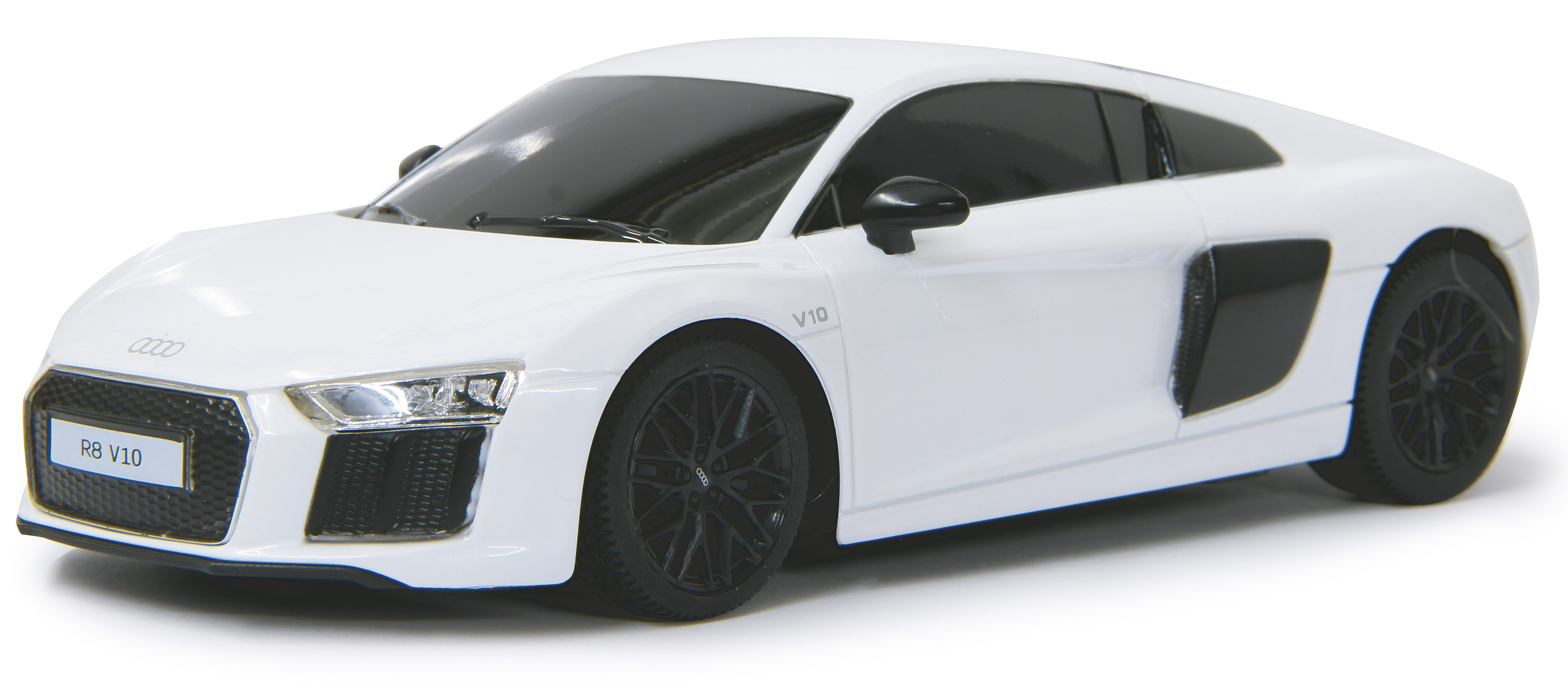 Weißes Audi R8 Spielzeugauto mit schwarzen Rädern. Das Auto hat das R8 V10 Logo.