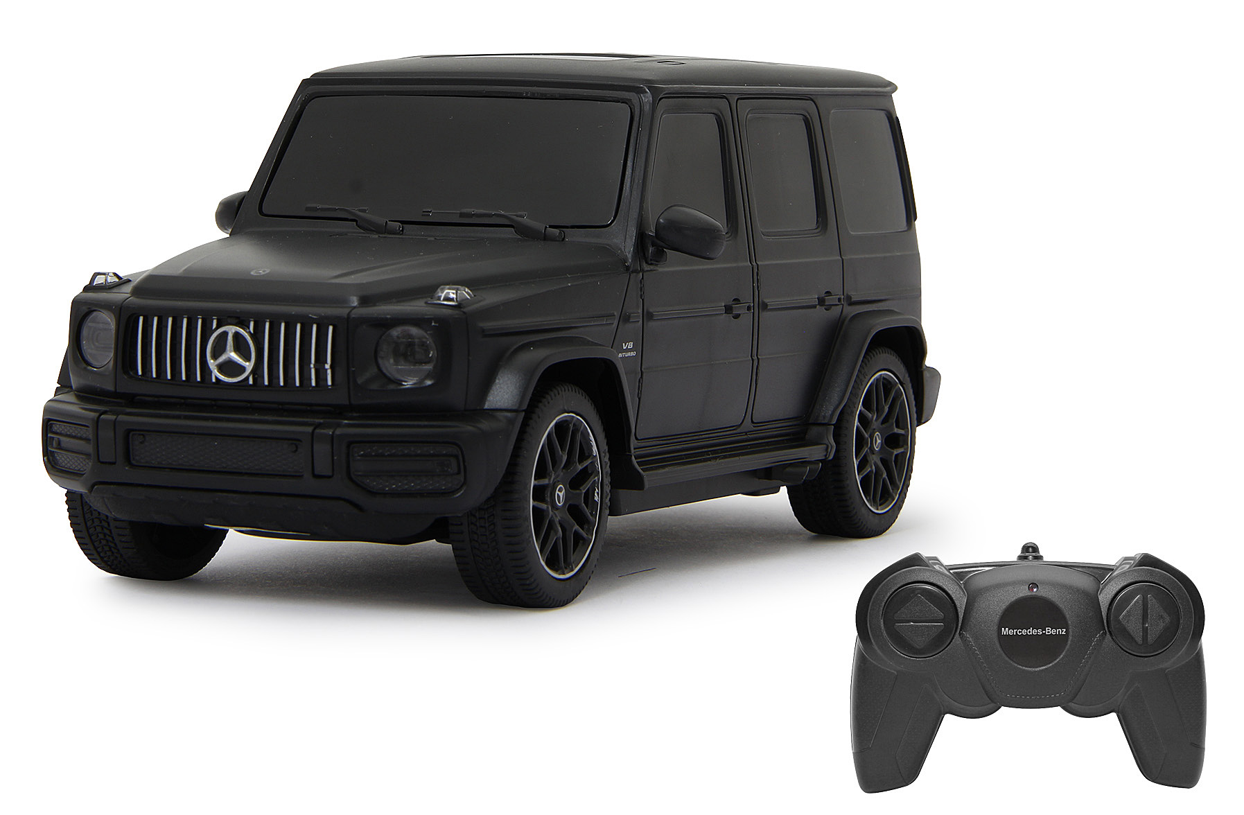 Coche de juguete negro Mercedes-Benz Clase G con mando. Tiene el logo Mercedes.