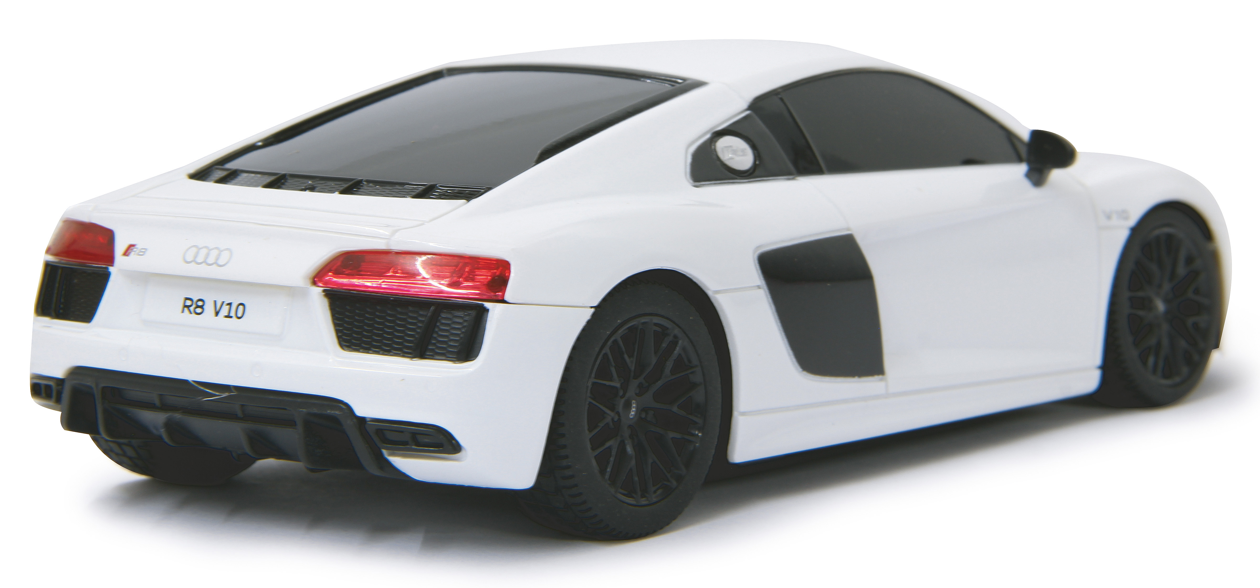 Weißes Audi R8 Spielzeugauto von hinten mit schwarzen Rädern. Mit R8 V10 Logo.