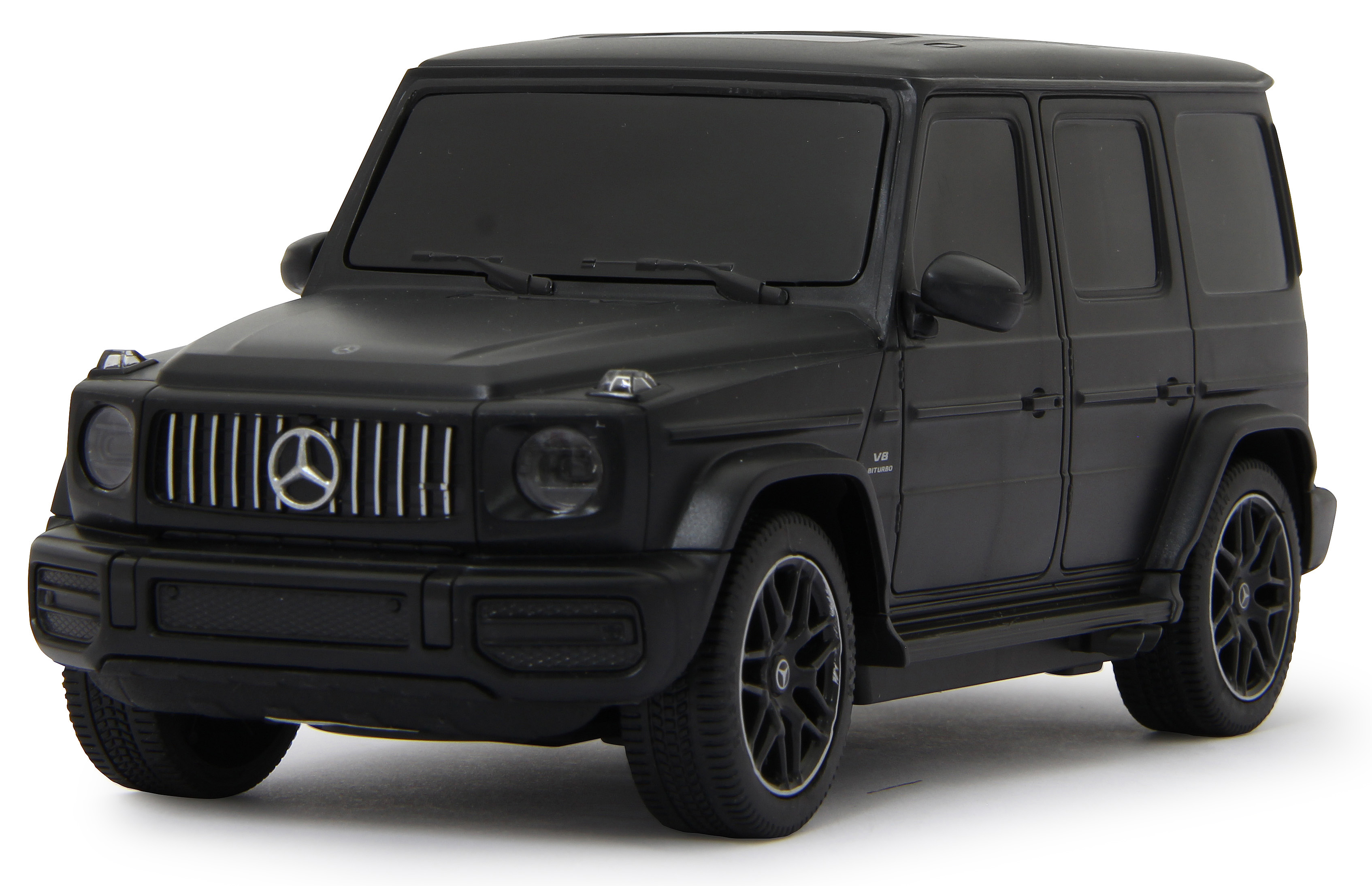 Coche de juguete negro Mercedes-Benz Clase G, vista frontal. Con logo Mercedes y ruedas negras.