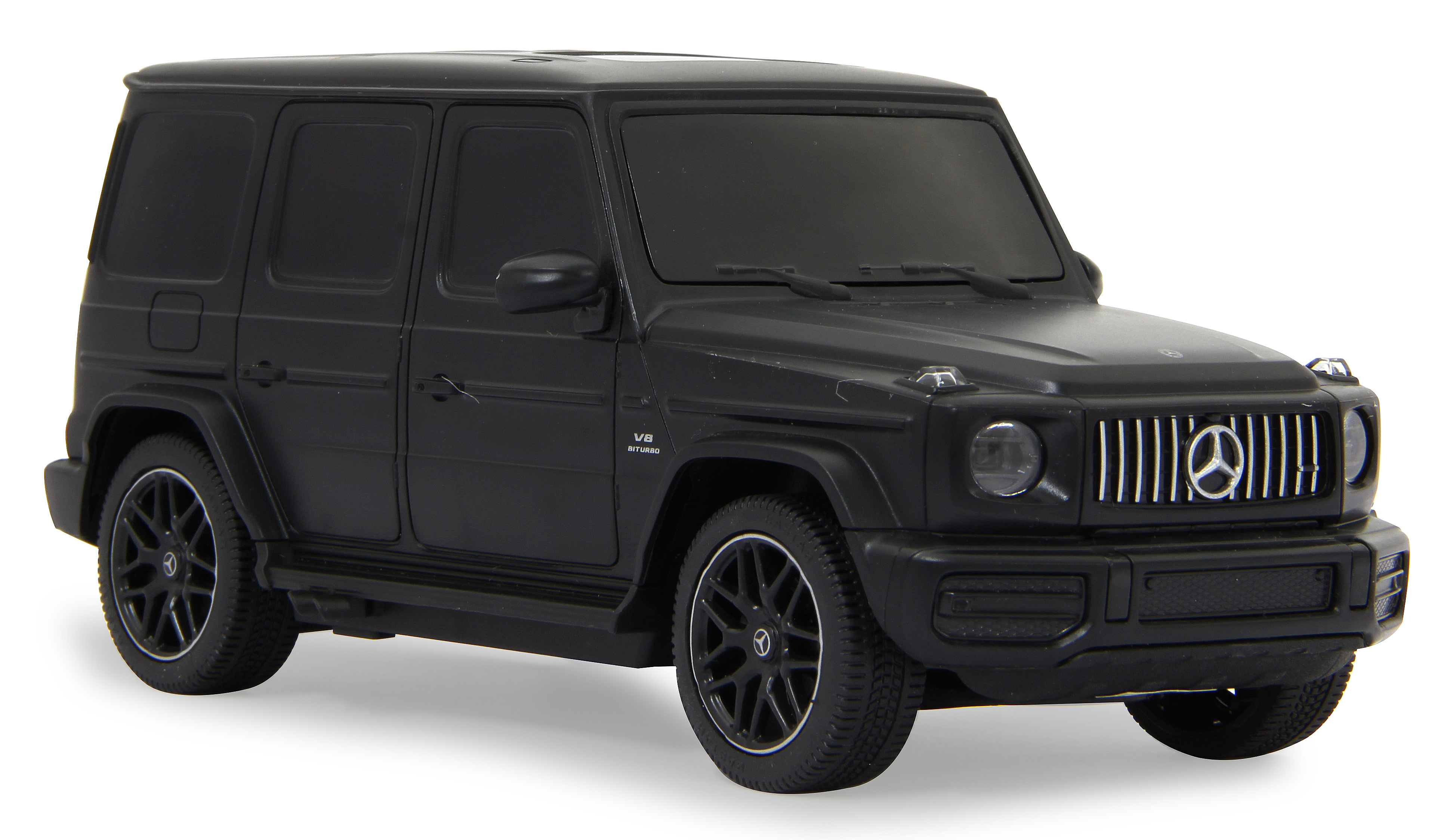 Coche de juguete negro Mercedes-Benz Clase G, vista frontal. Con logo Mercedes y ruedas negras.