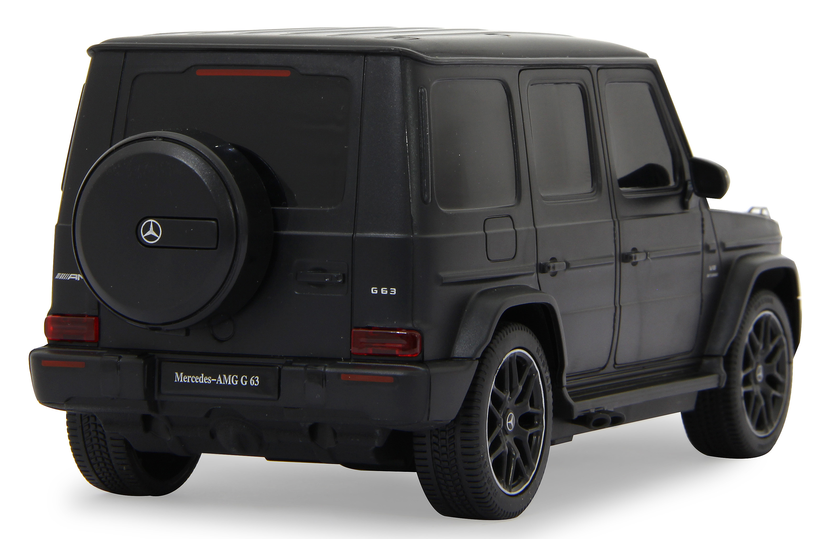 Coche de juguete negro Mercedes-AMG G 63 desde atrás. Logo, G 63 y rueda de repuesto.