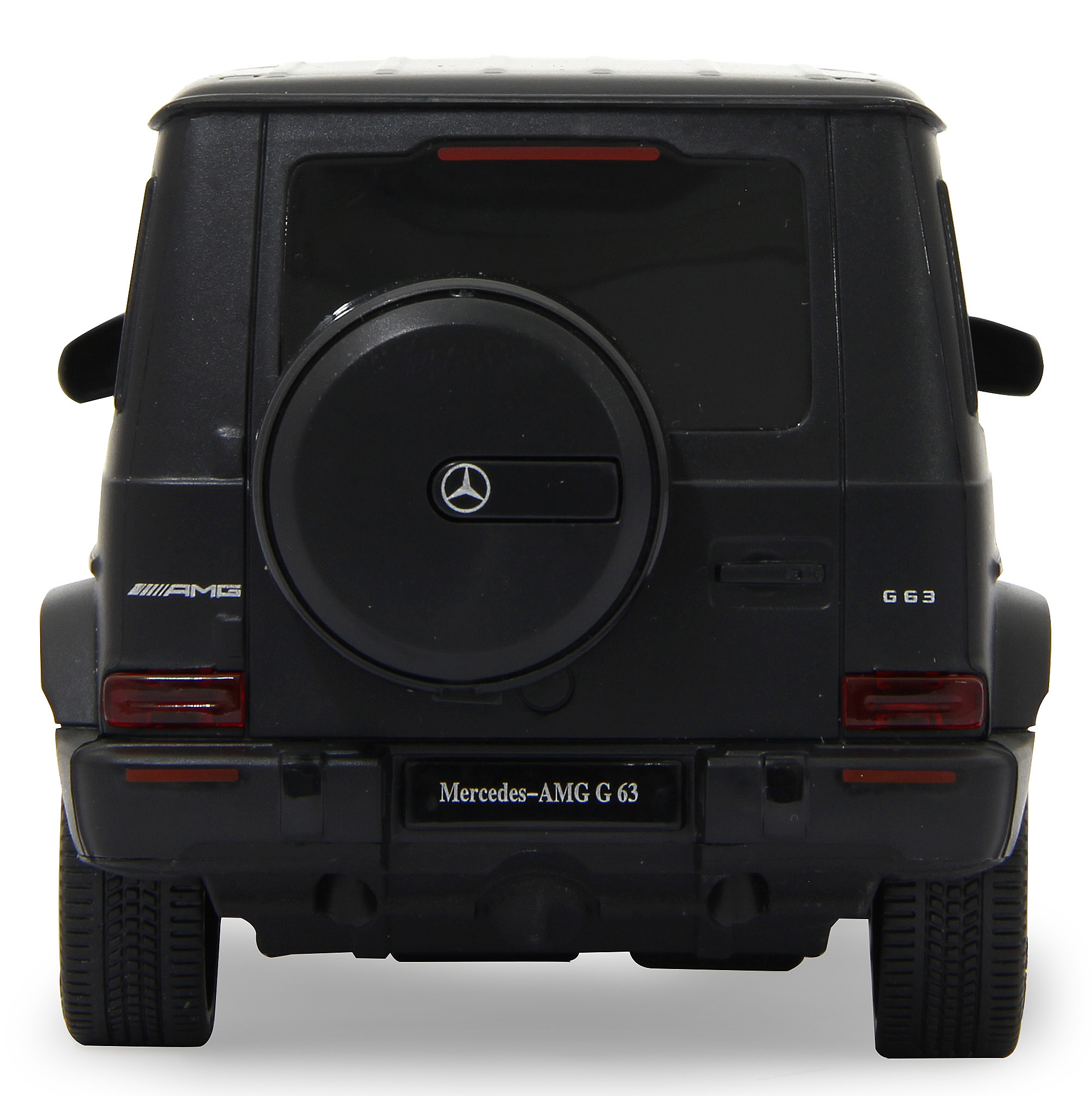 Coche de juguete negro Mercedes-AMG G 63 trasero. Tiene el G 63 y el logo Mercedes.