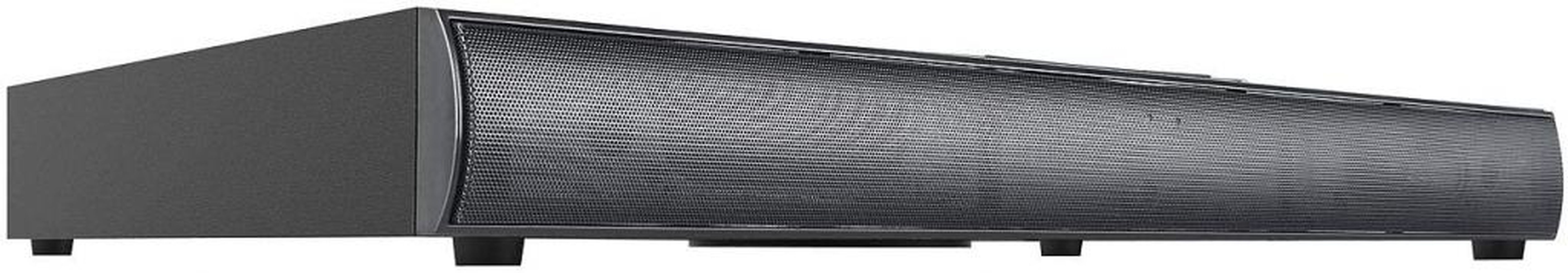 Eine schwarze Soundbar auf weißem Hintergrund. Sie hat eine perforierte Front und ist rechteckig.