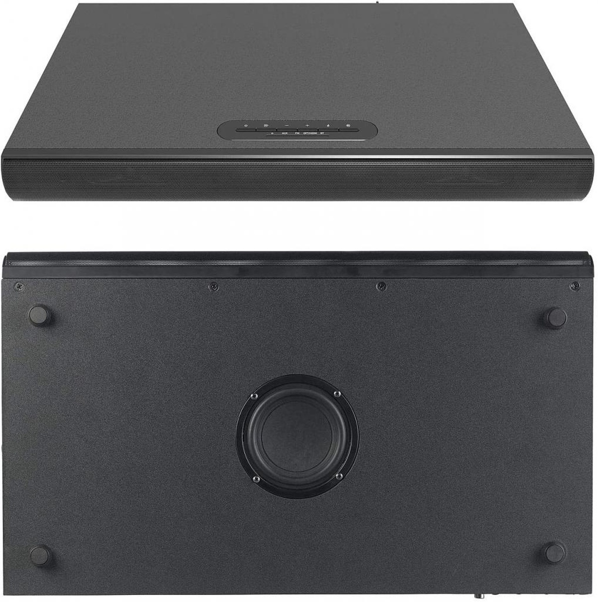 Schwarze Soundbar, Ober- und Unteransicht, mit Lautsprecher und Knöpfen oben und Lautsprecher unten.