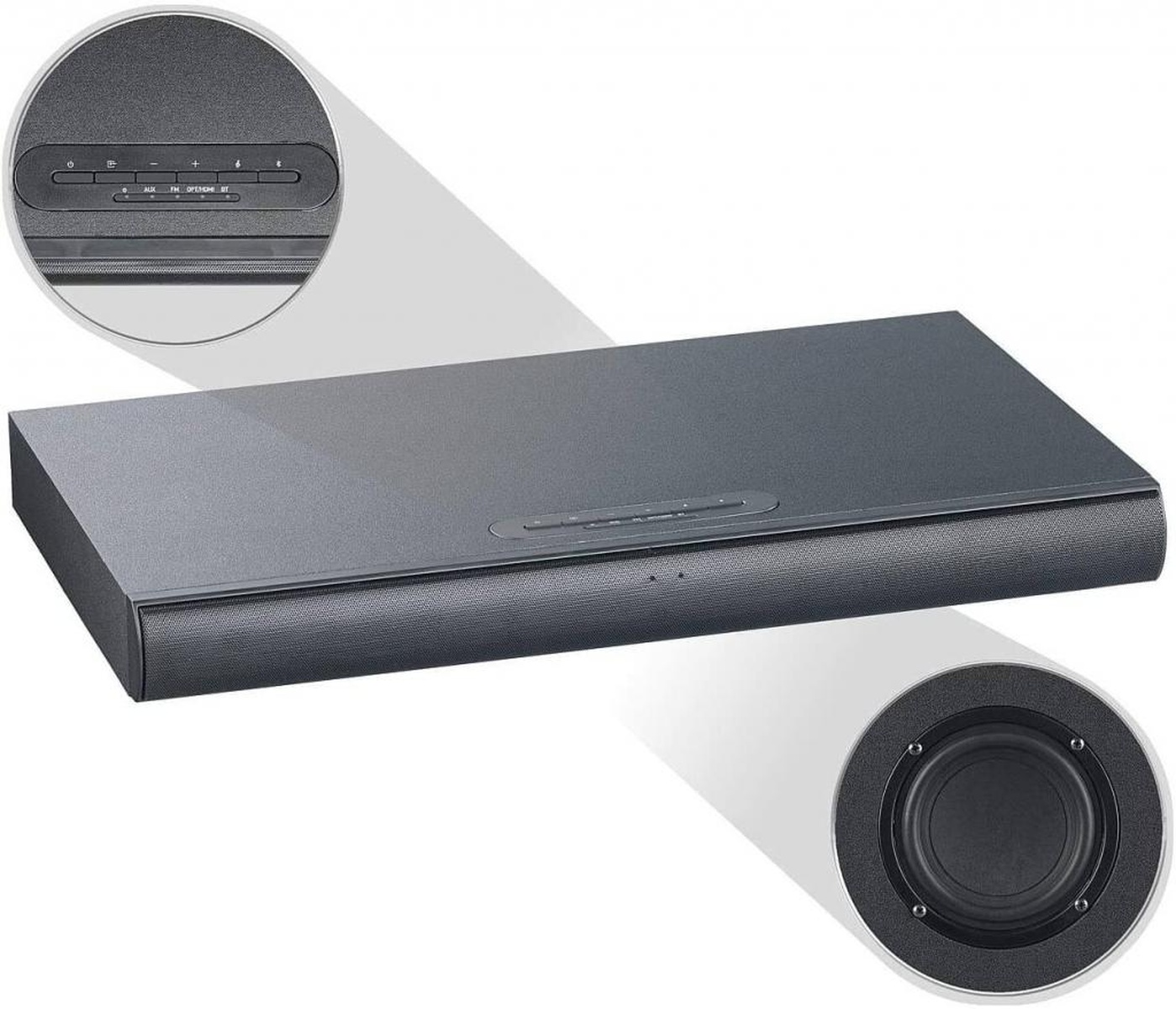 Eine schwarze Soundbar mit Knöpfen und Lautsprecher. Nahaufnahmen beider Elemente.