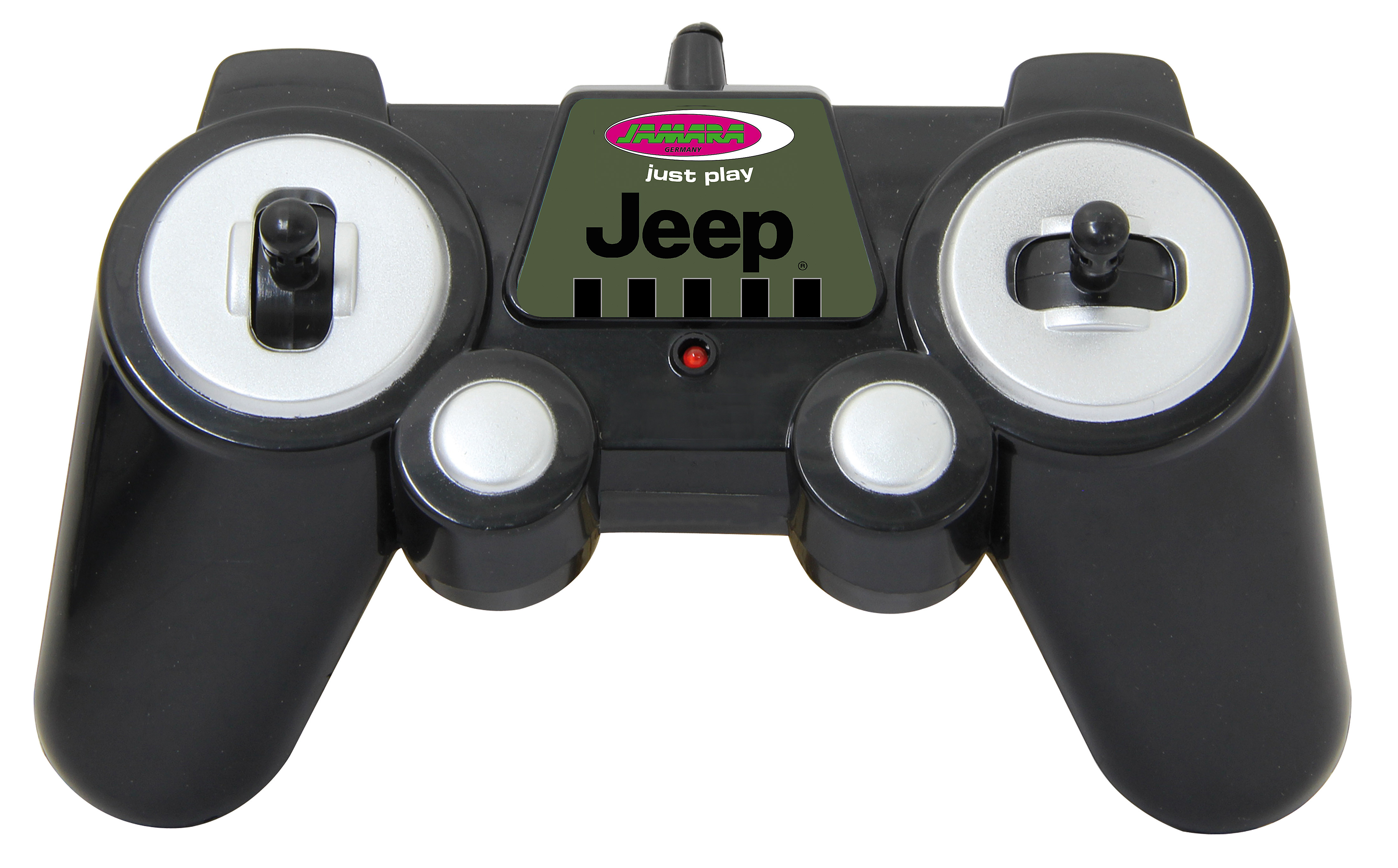 Eine schwarze Fernbedienung für einen Spielzeug-Jeep, mit zwei Joysticks und dem Jeep-Logo.