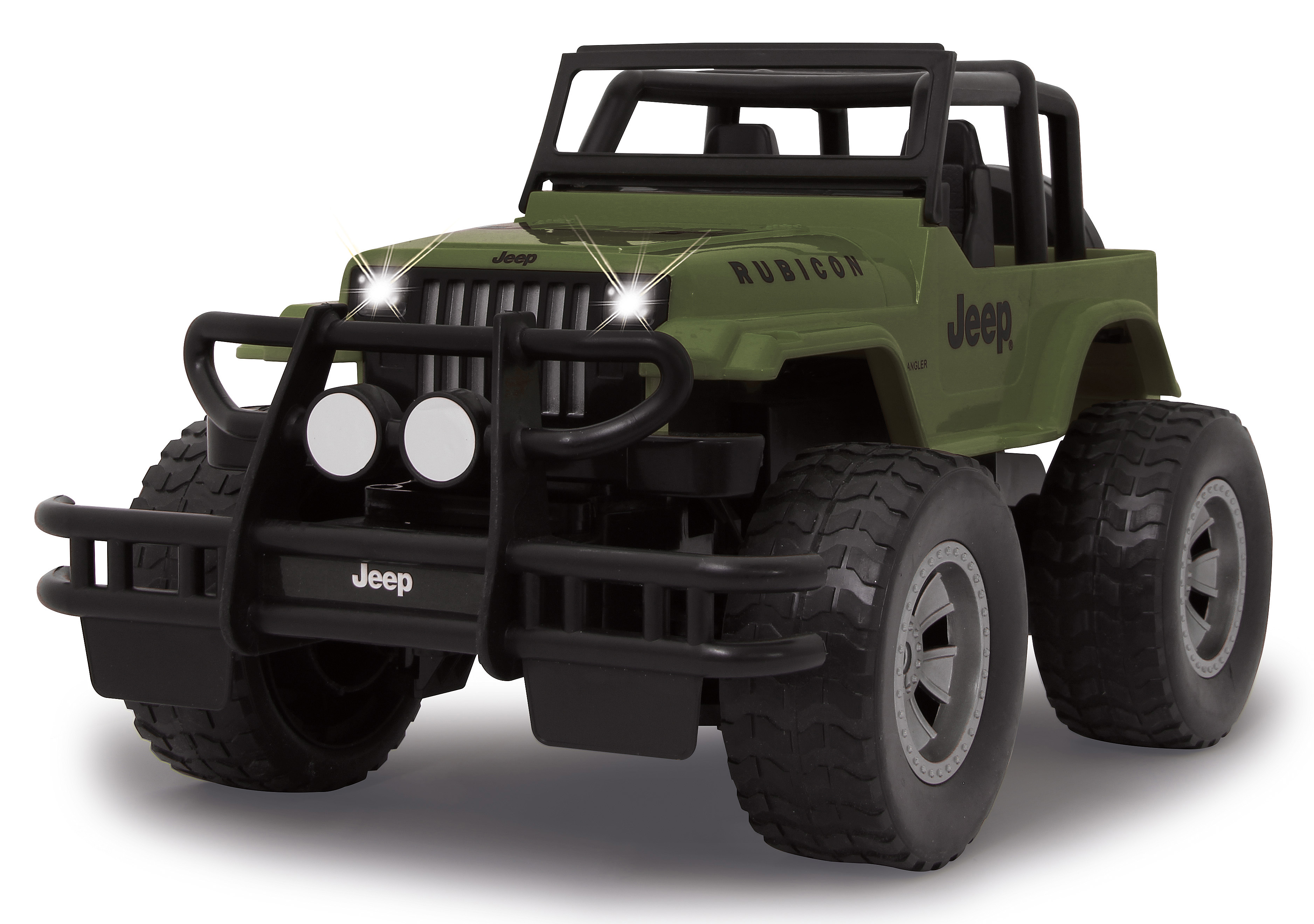 Grüner Spielzeug Jeep Wrangler Rubicon mit Scheinwerfern, Vorderansicht, auf weißem Grund.