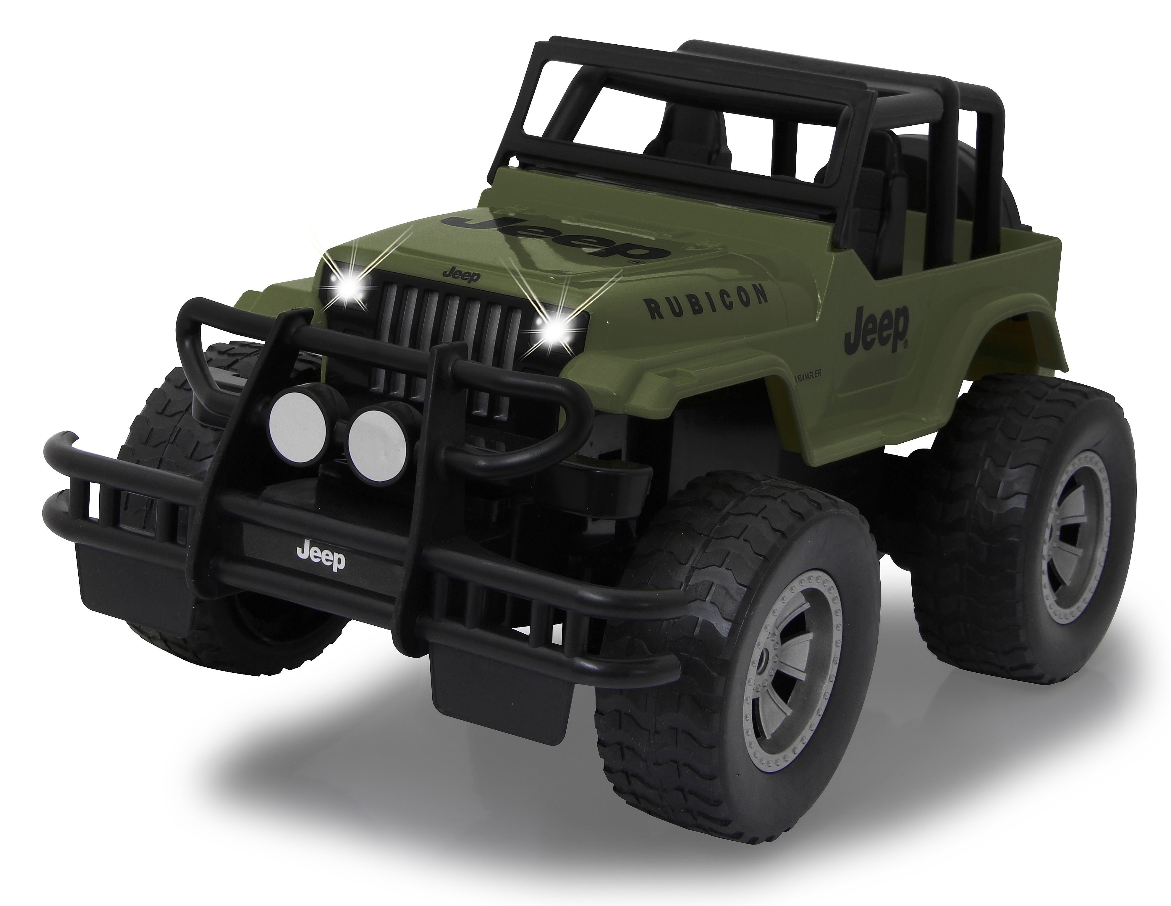 Ein grüner Spielzeug Jeep Wrangler Rubicon mit Scheinwerfern, leicht angewinkelte Ansicht, weiß.