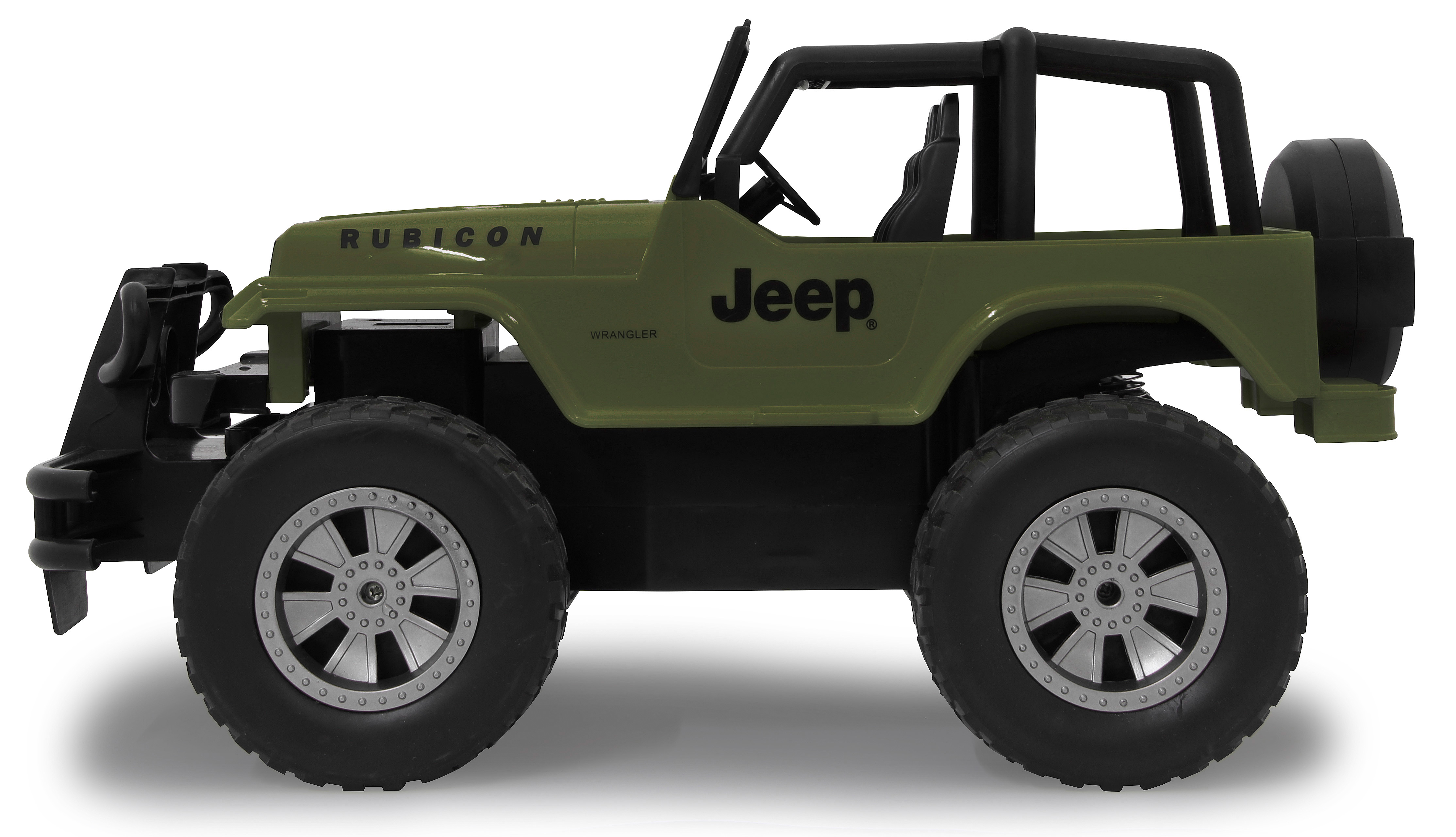 Ein grüner Spielzeug Jeep Wrangler Rubicon. Seitenansicht, Reifen sind groß, Hintergrund weiß.