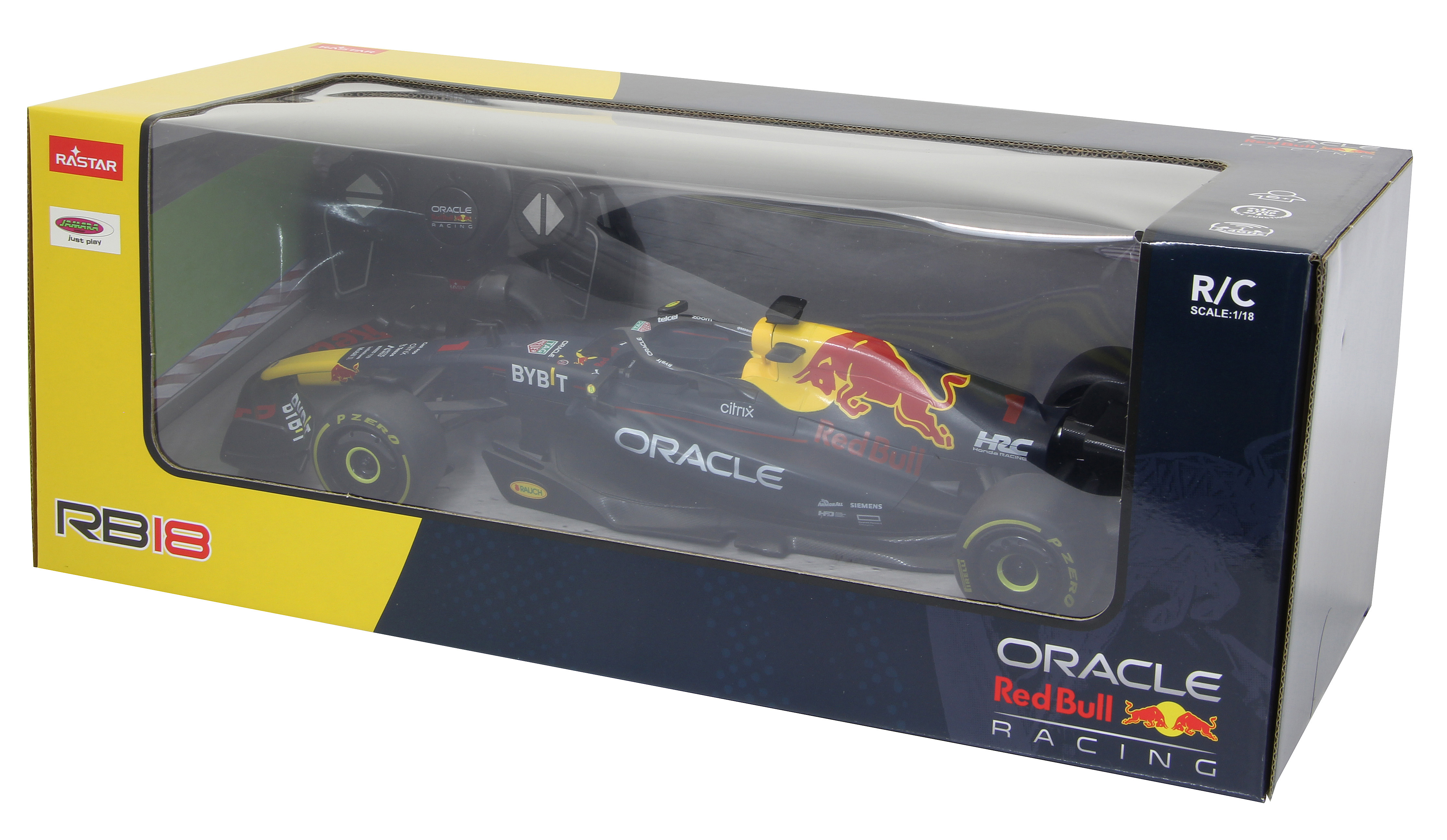 Ein Spielzeug-Rennwagen in einer Box. Die Box zeigt das Auto und seine Details. Oracle Red Bull Racing.