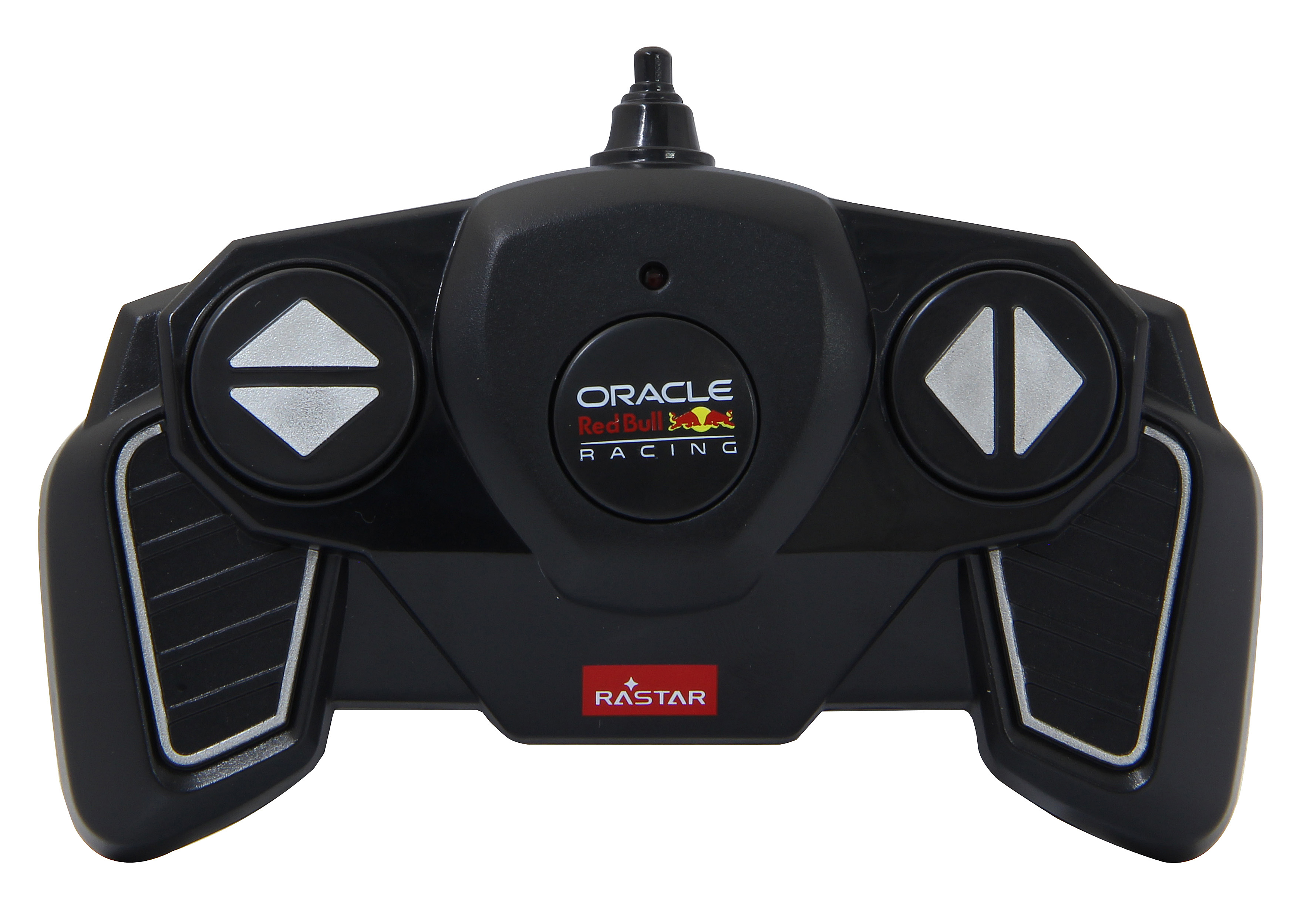 Schwarze Fernbedienung mit Oracle Red Bull Racing Logo und Rastor Marke.
