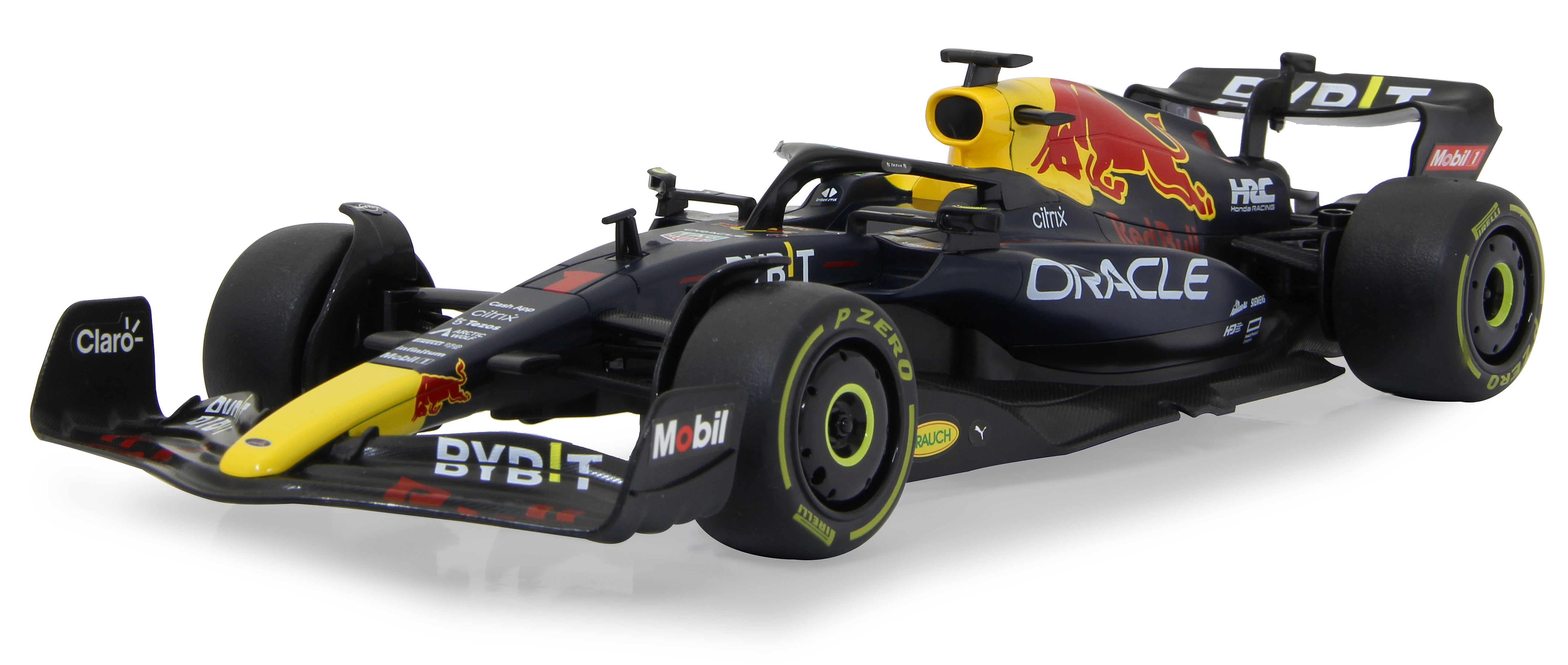 Schwarzes und rotes Red Bull F1-Auto-Spielzeug, Vorderansicht, auf weißem Hintergrund.