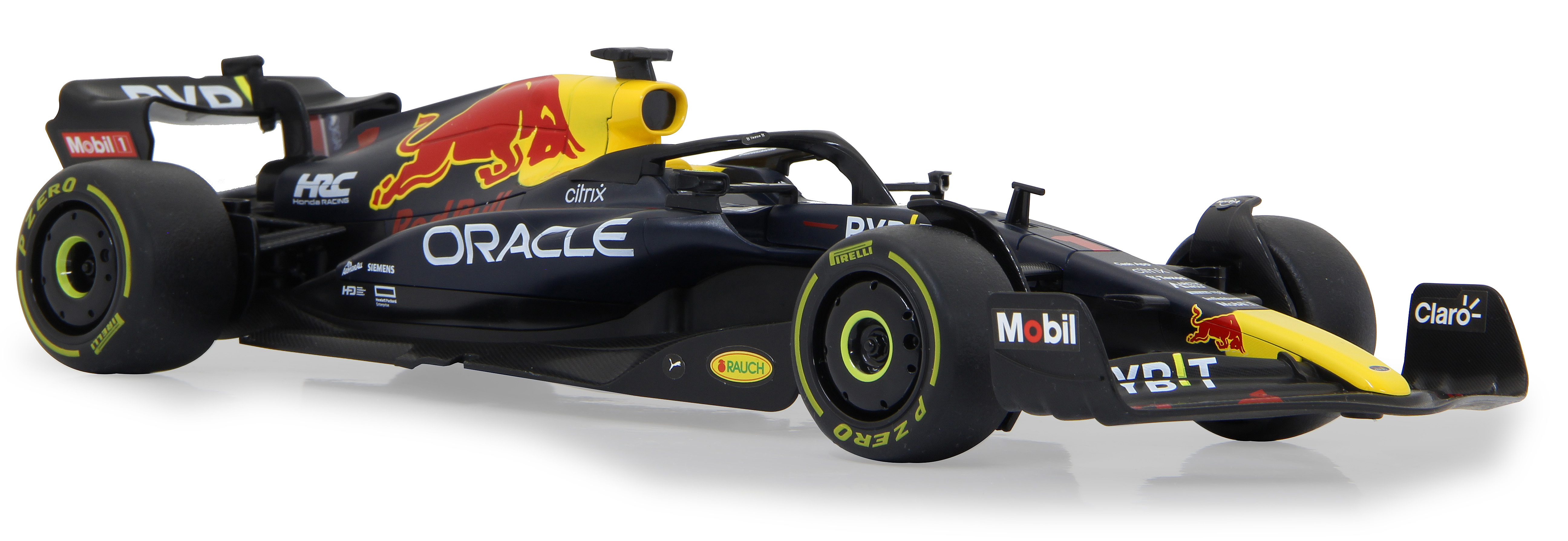 Schwarzes und rotes Red Bull F1-Auto-Spielzeug, Seitenansicht, weißer Hintergrund.