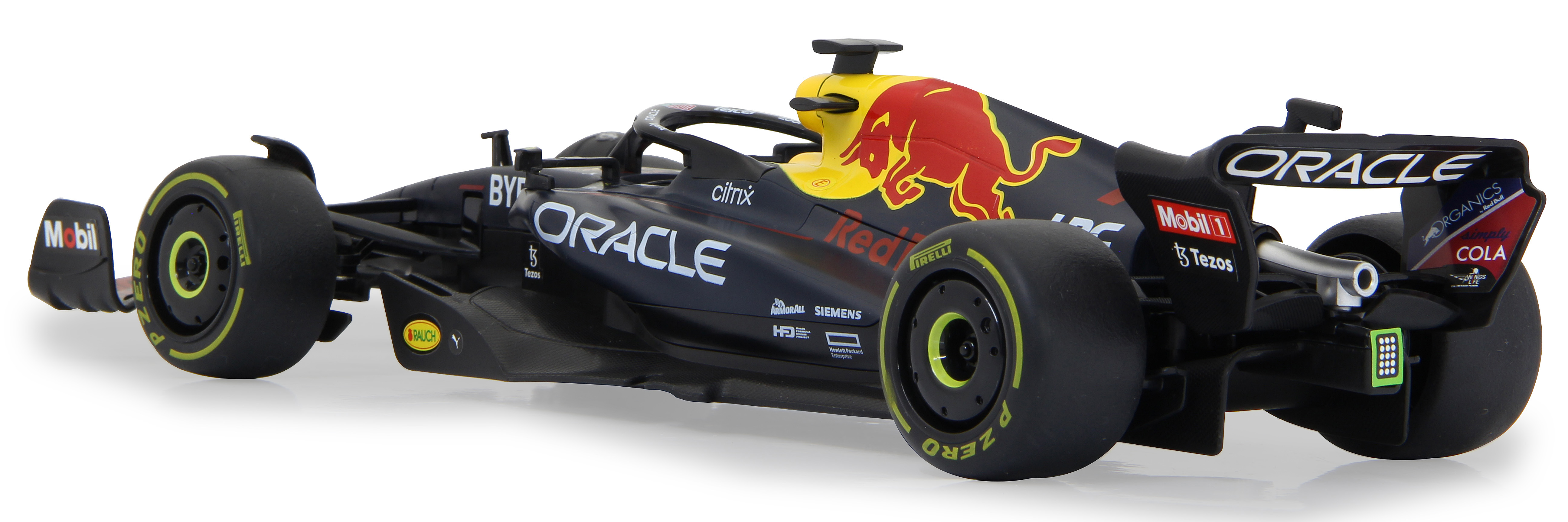 Red Bull F1-Auto, schwarz mit roten und gelben Akzenten, Seitenansicht.
