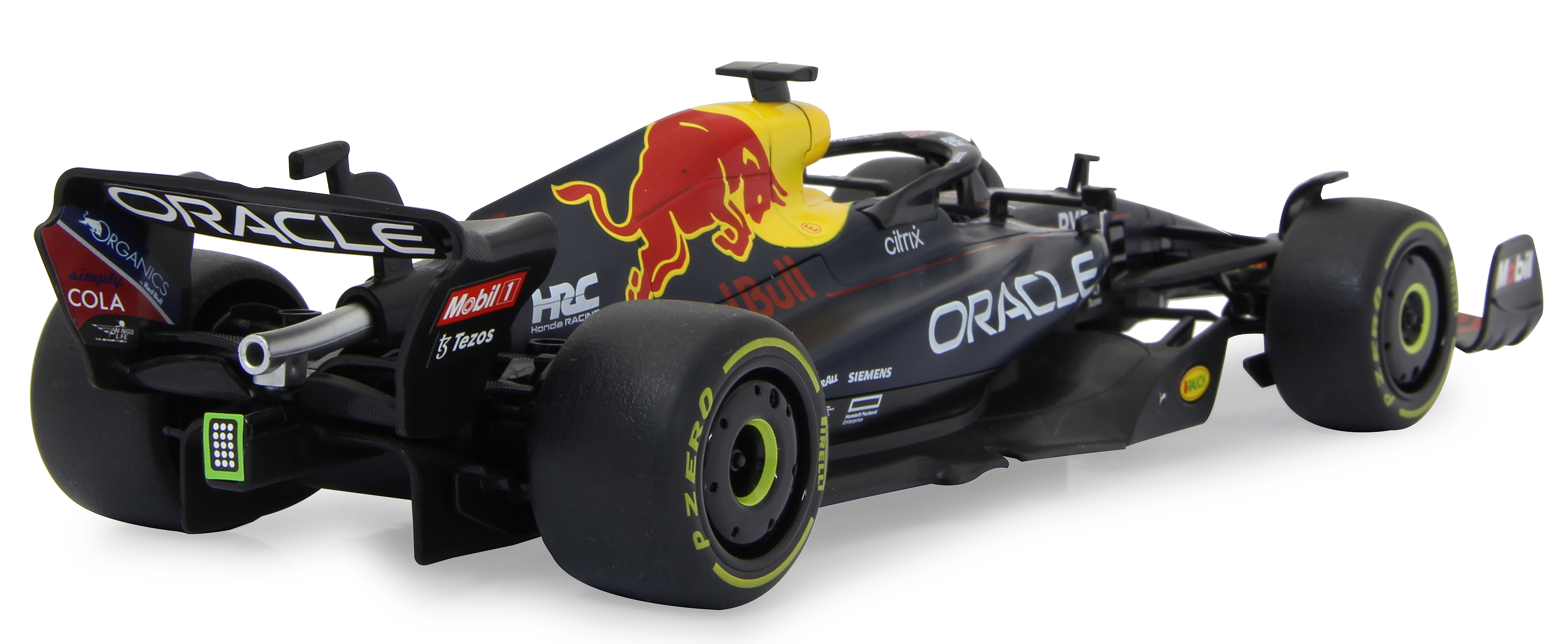 Red Bull F1-Auto, schwarz mit roten und gelben Akzenten, Rückansicht.