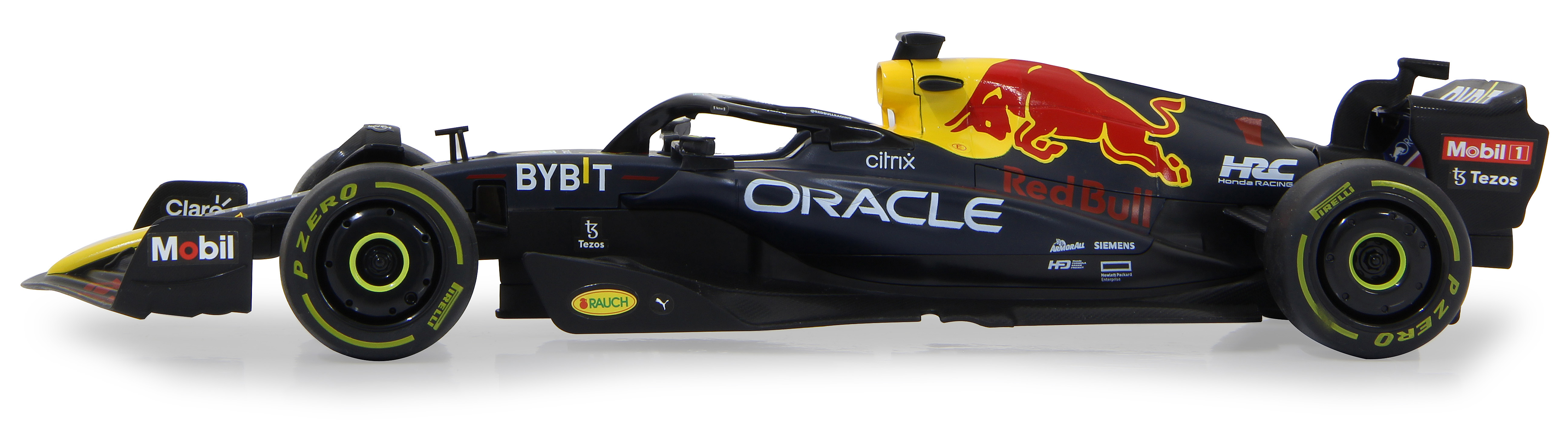 Red Bull F1-Auto, schwarz mit roten und gelben Akzenten, Seitenansicht.