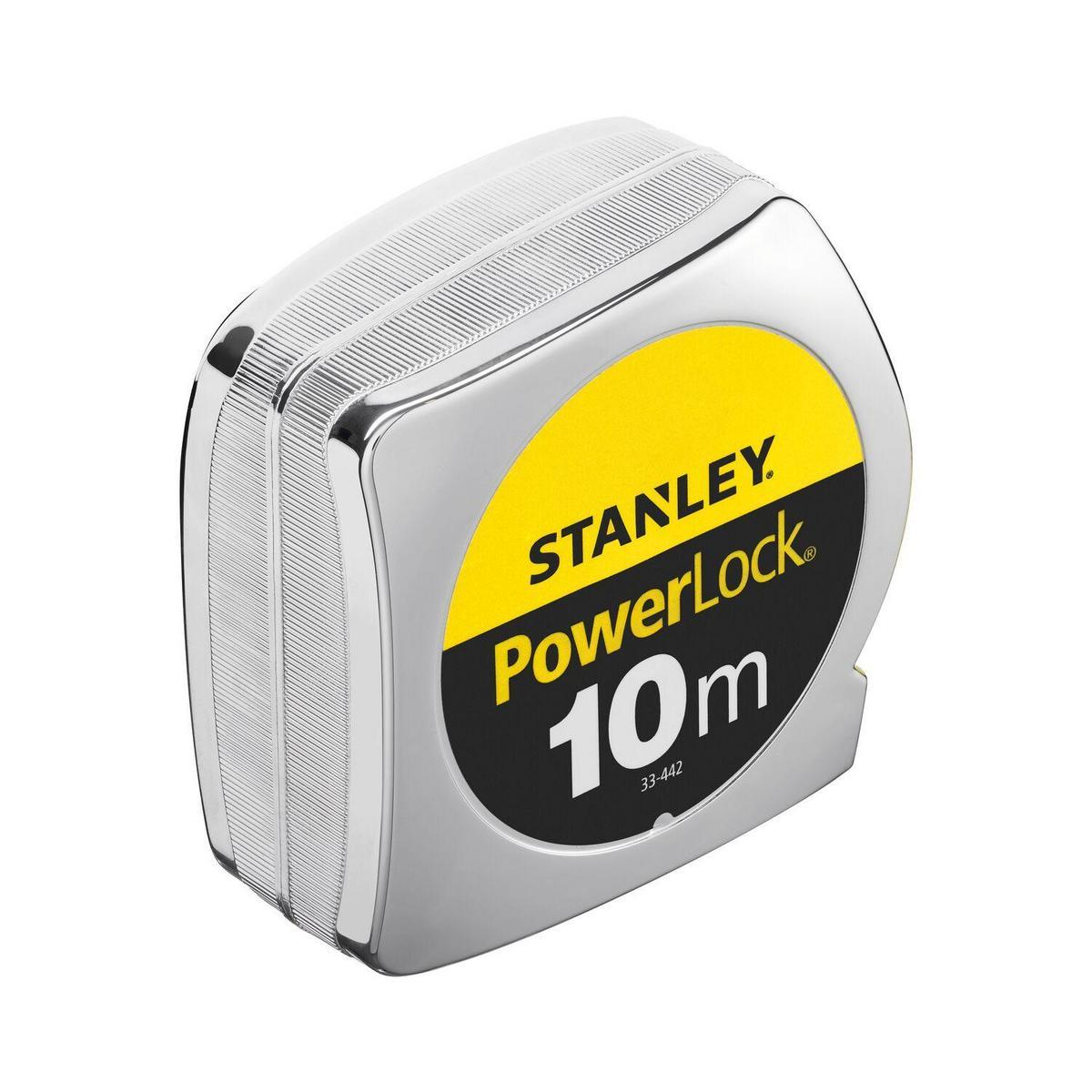 Ein Stanley PowerLock 10m Maßband, verchromt, in quadratischer Form.