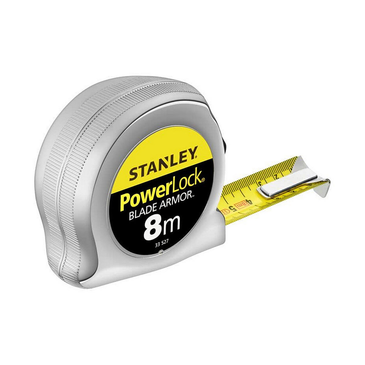 Un metro a nastro Stanley PowerLock BladeArmor da 8 m con lama gialla estesa.