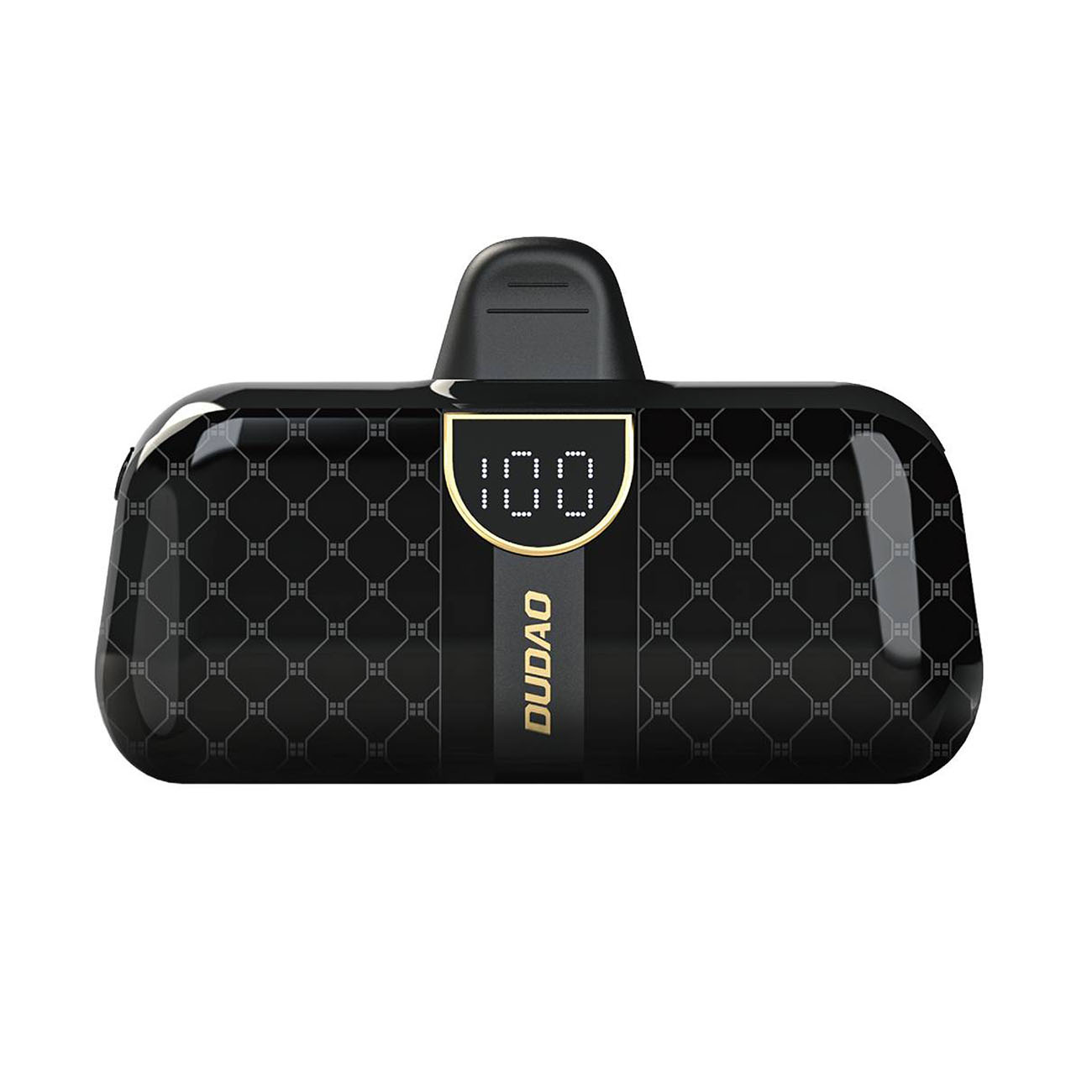 Czarne urządzenie DUDO z ekranem pokazującym 100. Złote akcenty. Czarne tło z wzorem diamentów.
