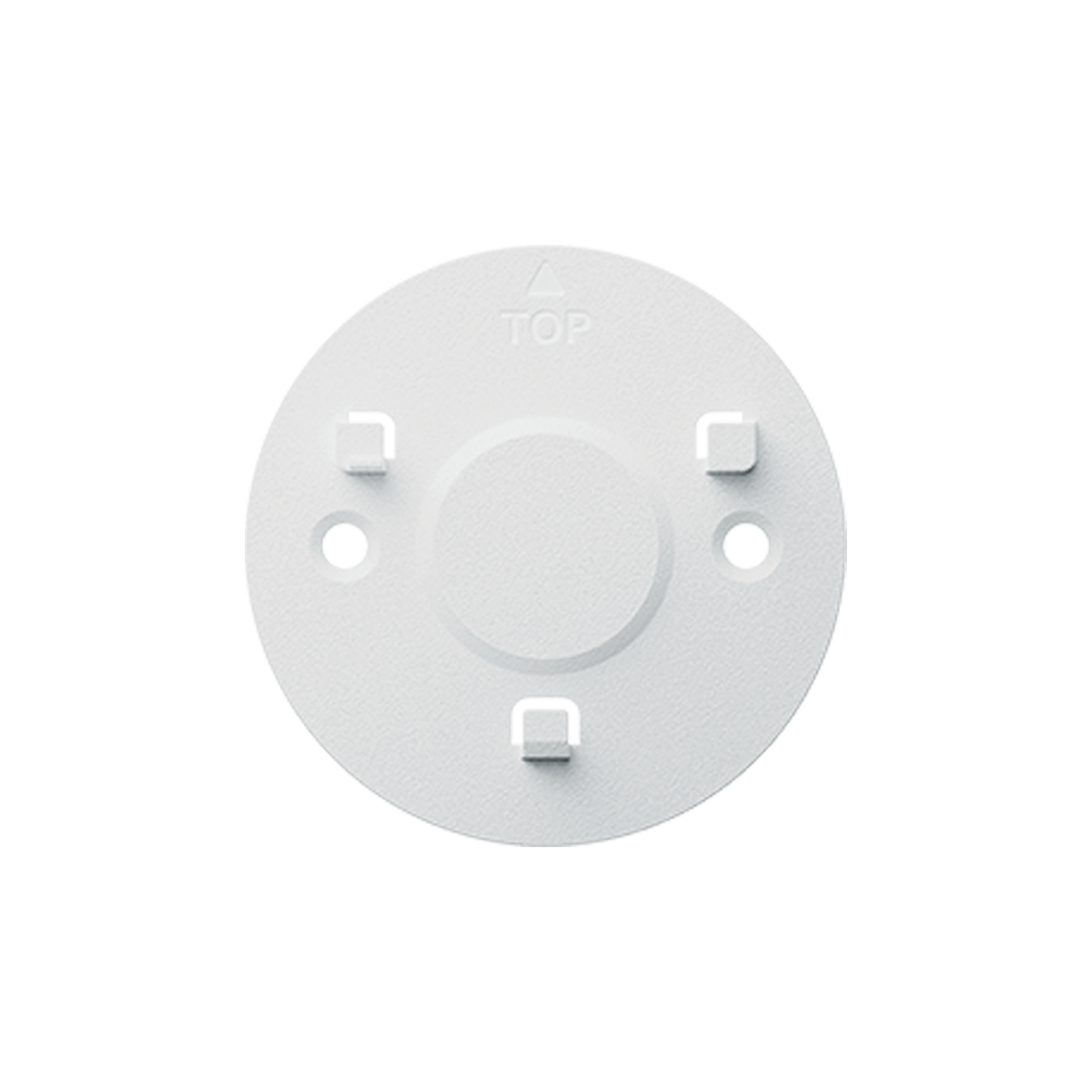 Biały, okrągły plastikowy element ze strzałką w górę i czterema otworami. To podstawa montażowa.