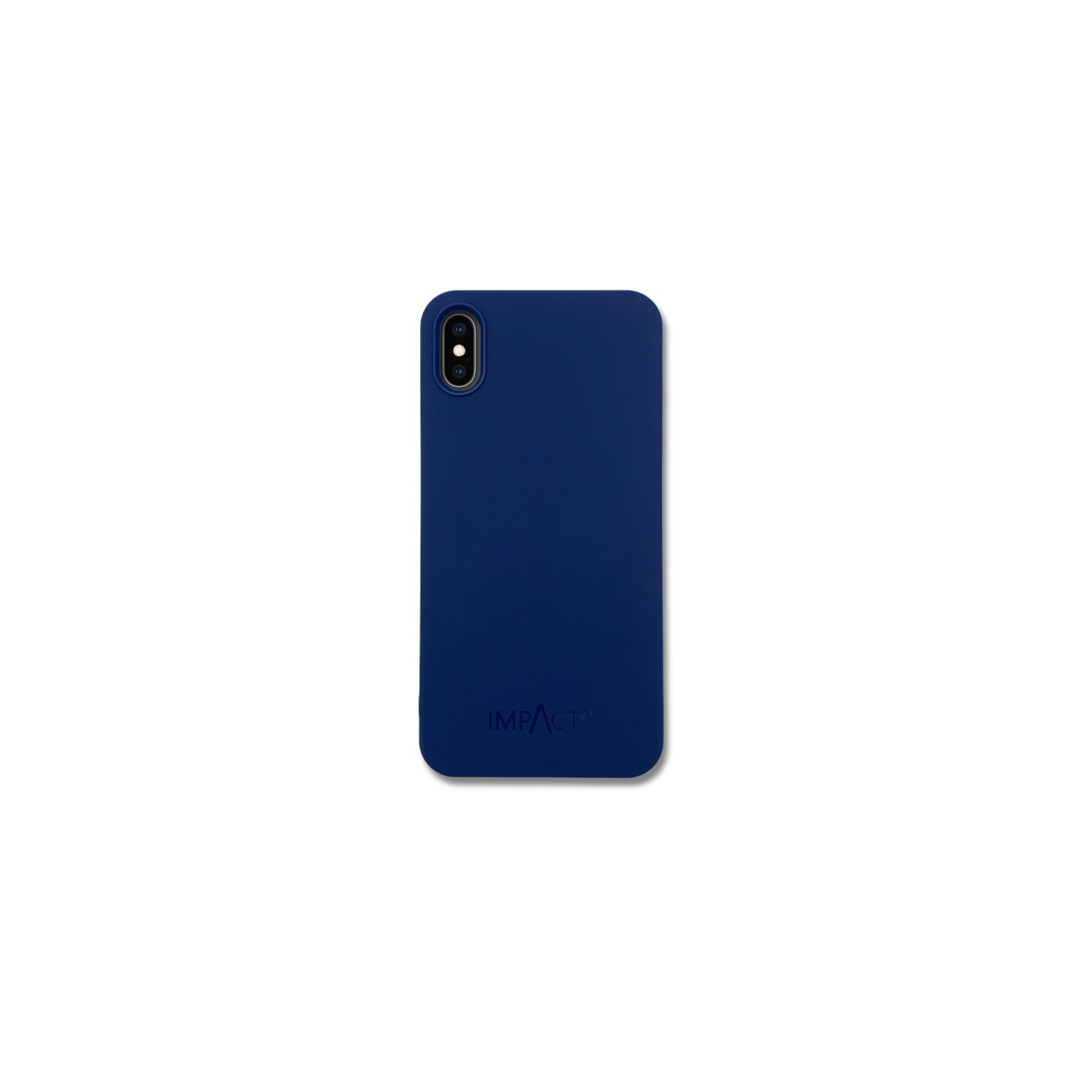 Una custodia blu per telefono con una singola lente della fotocamera. Il marchio 'IMPACT' è stampato in basso.