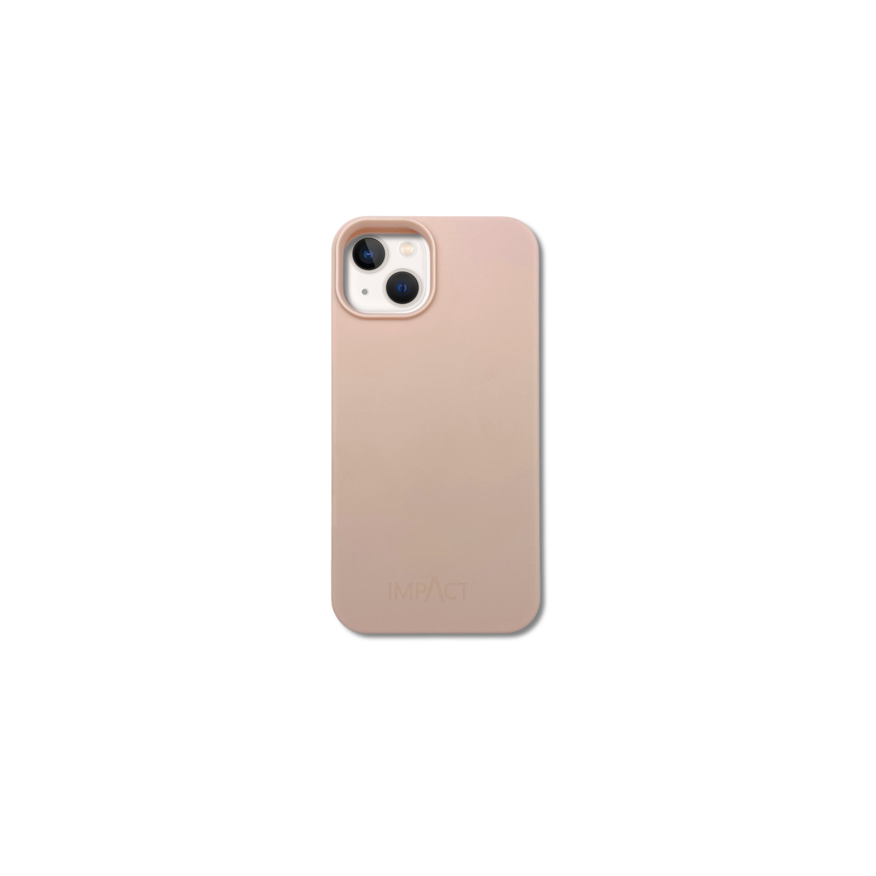 Custodia per telefono rosa chiaro con due fotocamere. Il marchio 'IMPACT' è visibile.