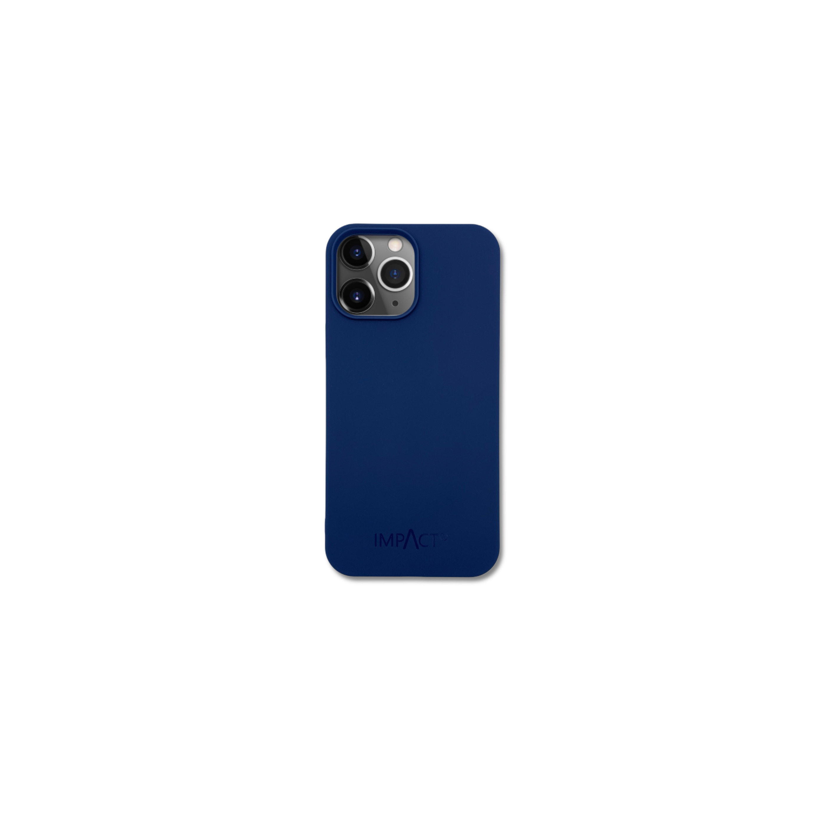 Una custodia blu navy con tre fotocamere, il marchio 'IMPACT' è visibile.
