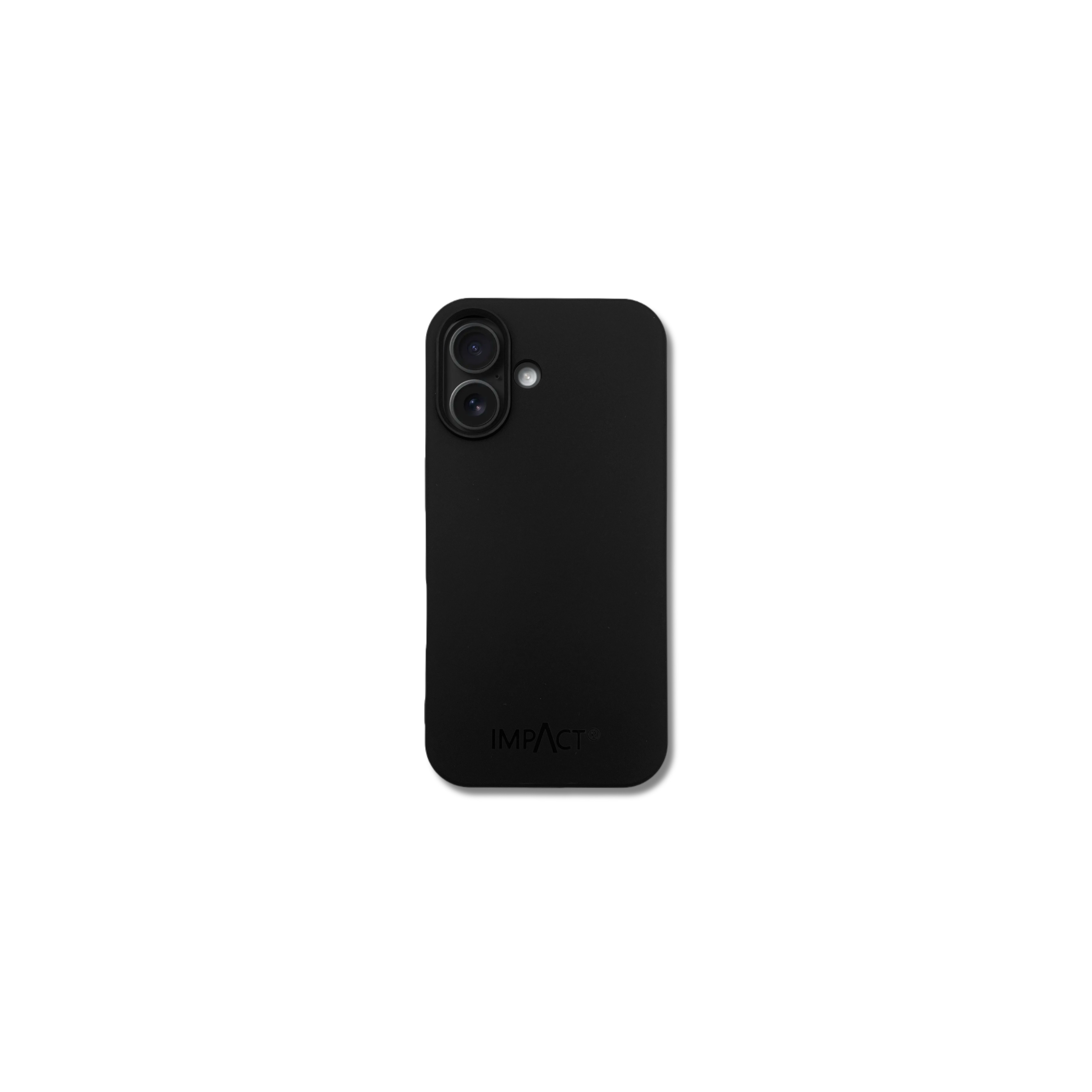 Custodia nera per telefono con due fotocamere e logo IMPACT su sfondo bianco.
