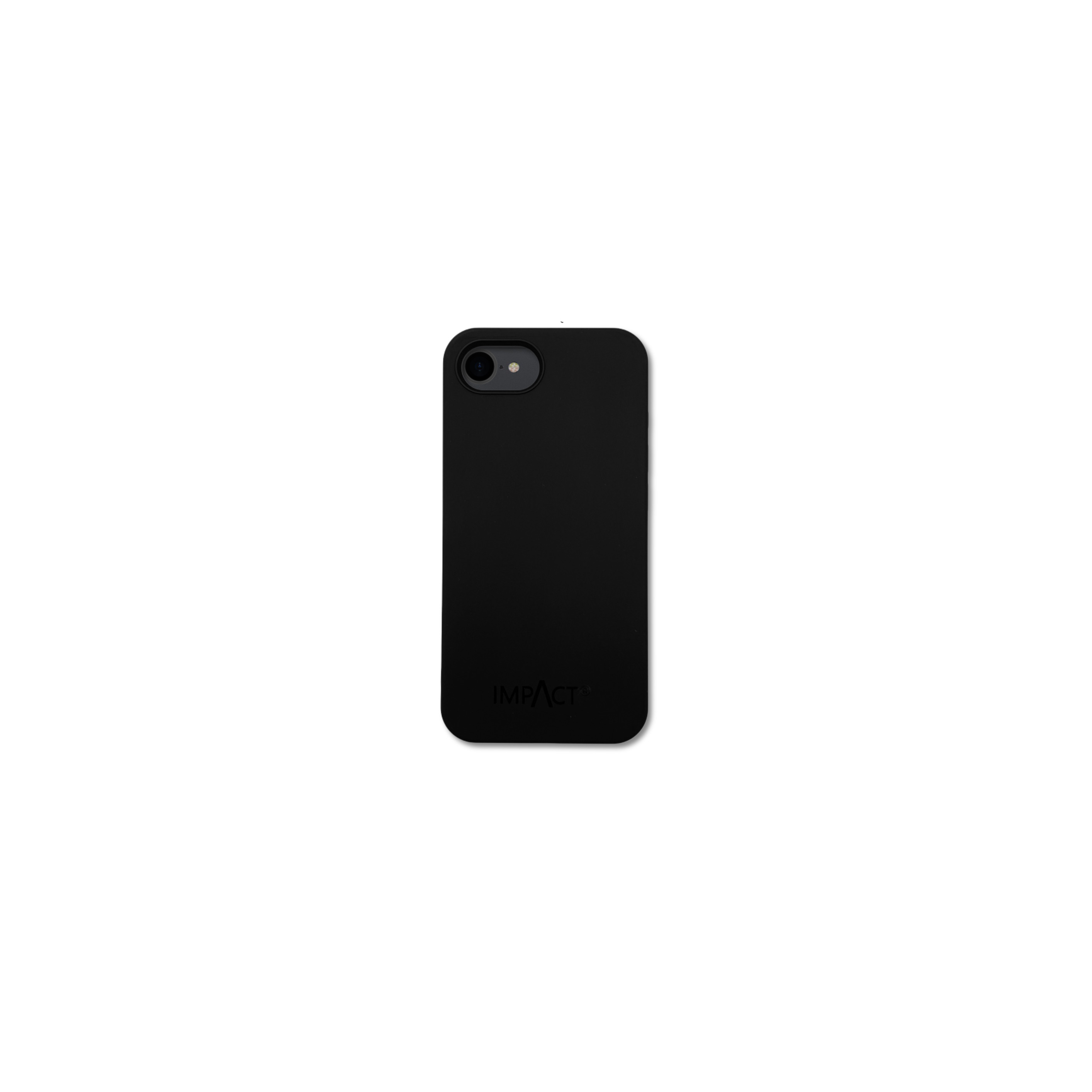 Custodia nera per telefono con una fotocamera e logo IMPACT su sfondo bianco.