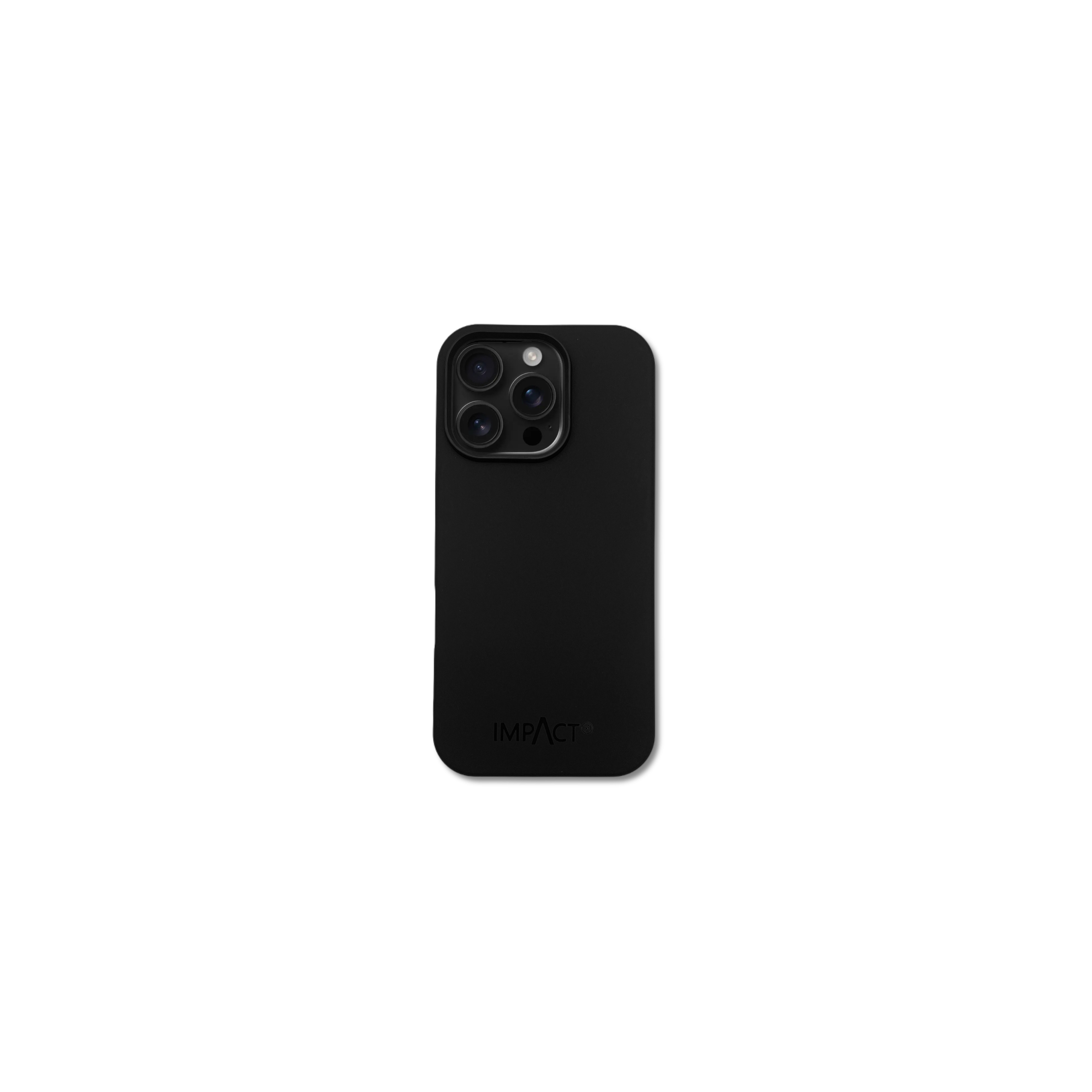 Custodia nera per telefono con tre fotocamere e logo IMPACT su sfondo bianco.