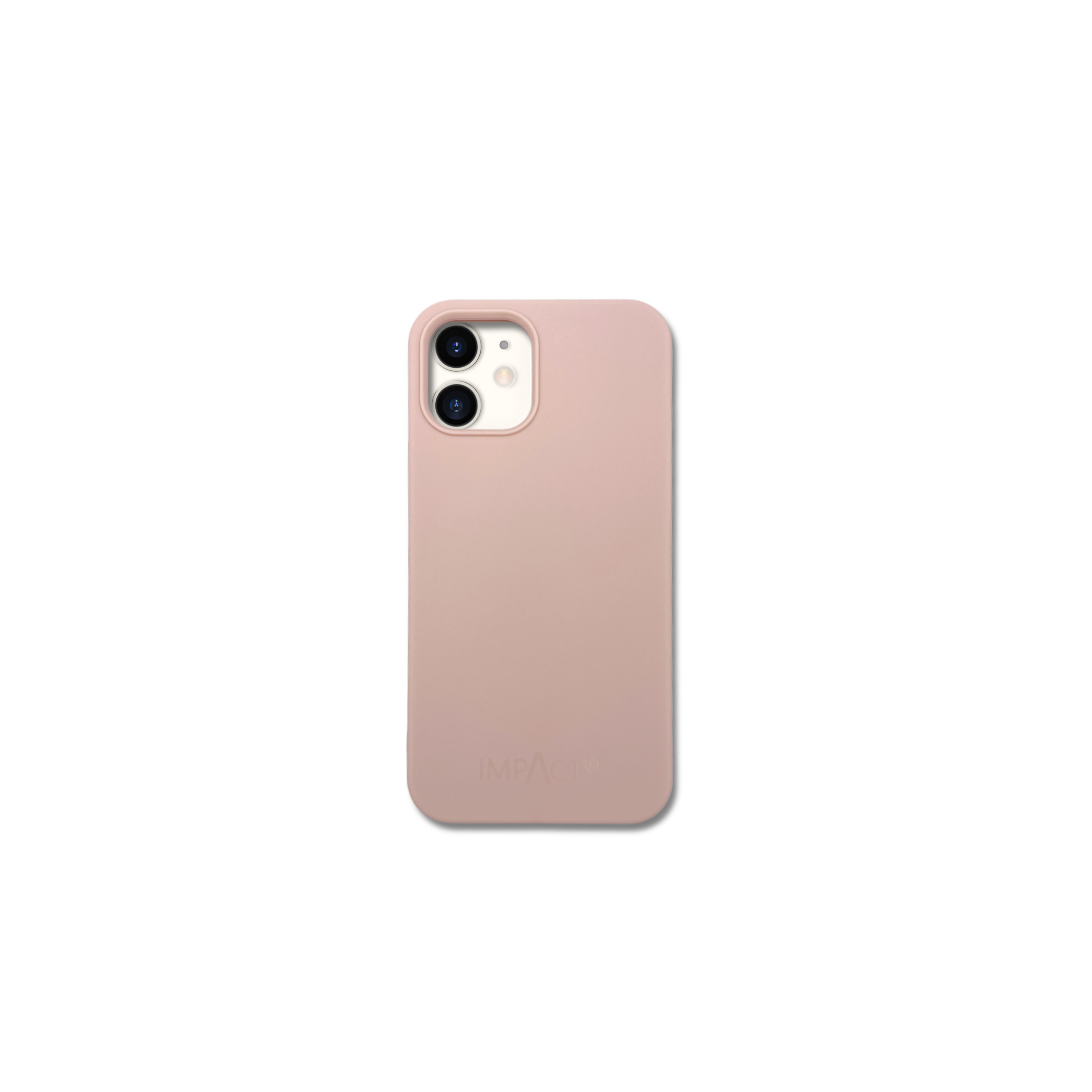 Una custodia per telefono rosa chiaro con due obiettivi, marchio IMPACT. Sfondo bianco.