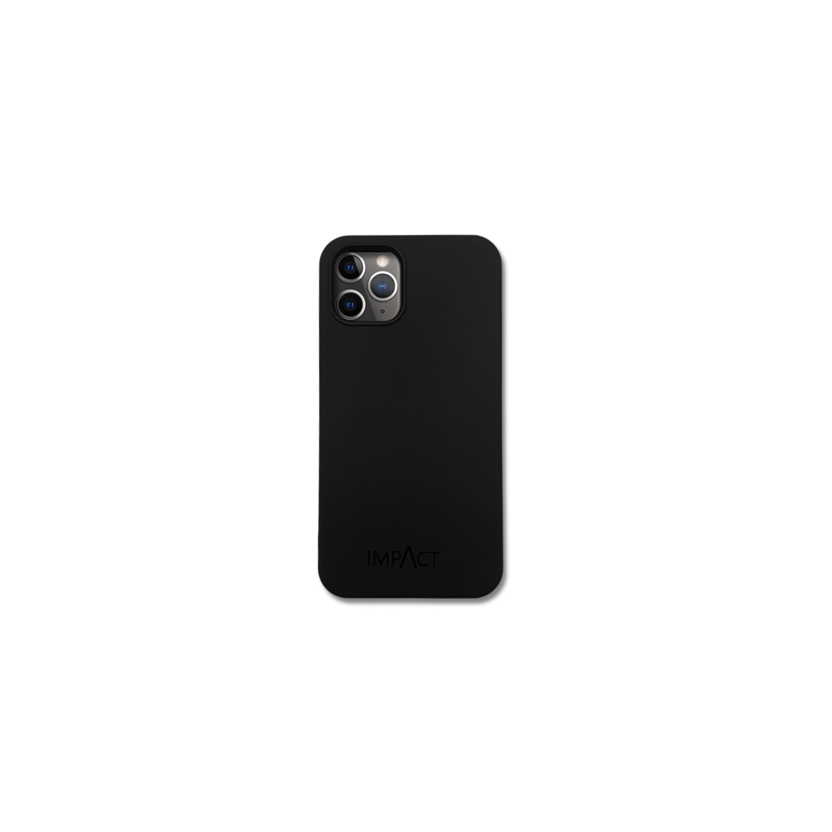 Una custodia per telefono nera con tre obiettivi, marchio IMPACT. Sfondo bianco.